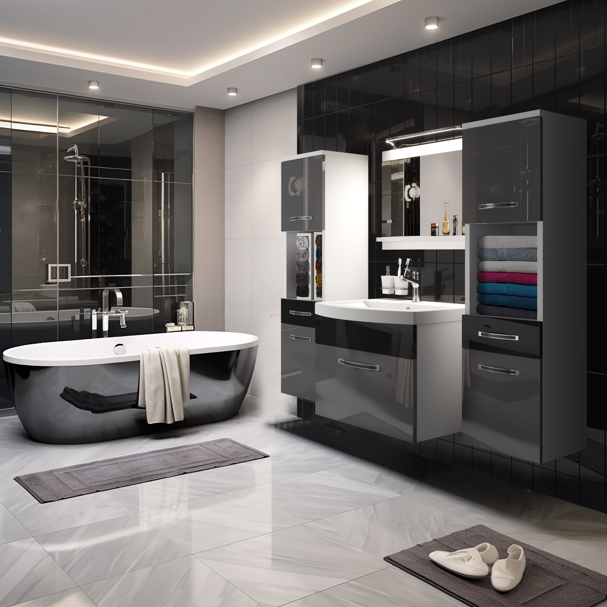 Salle de bain en noir et blanc avec meubles brillants