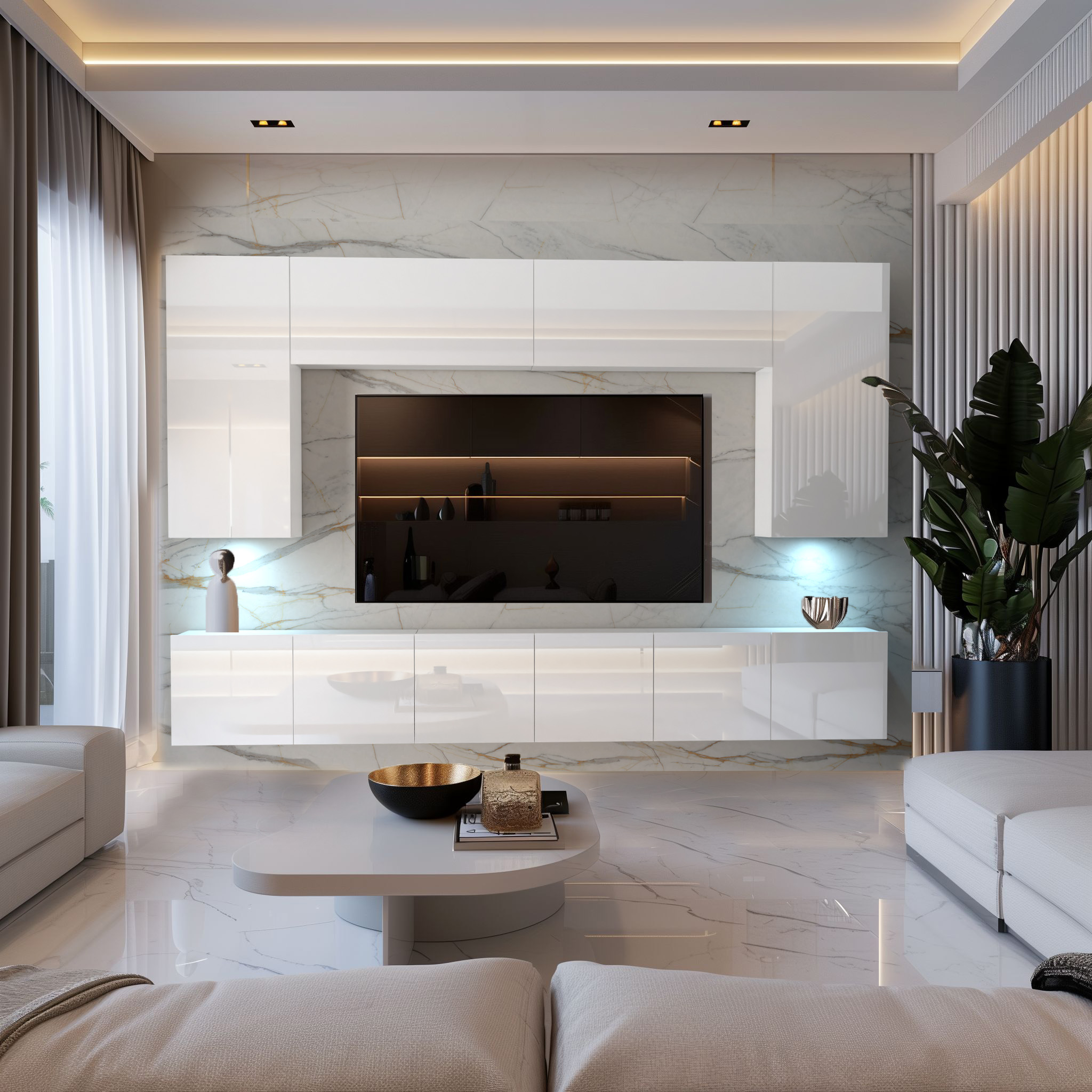Salon lumineux, mur TV laqué blanc sur marbre veiné