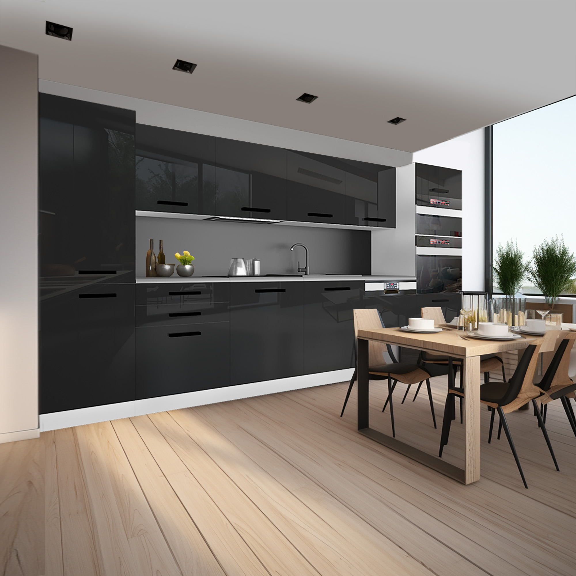 Cuisine avec portes noires brillantes et table en bois