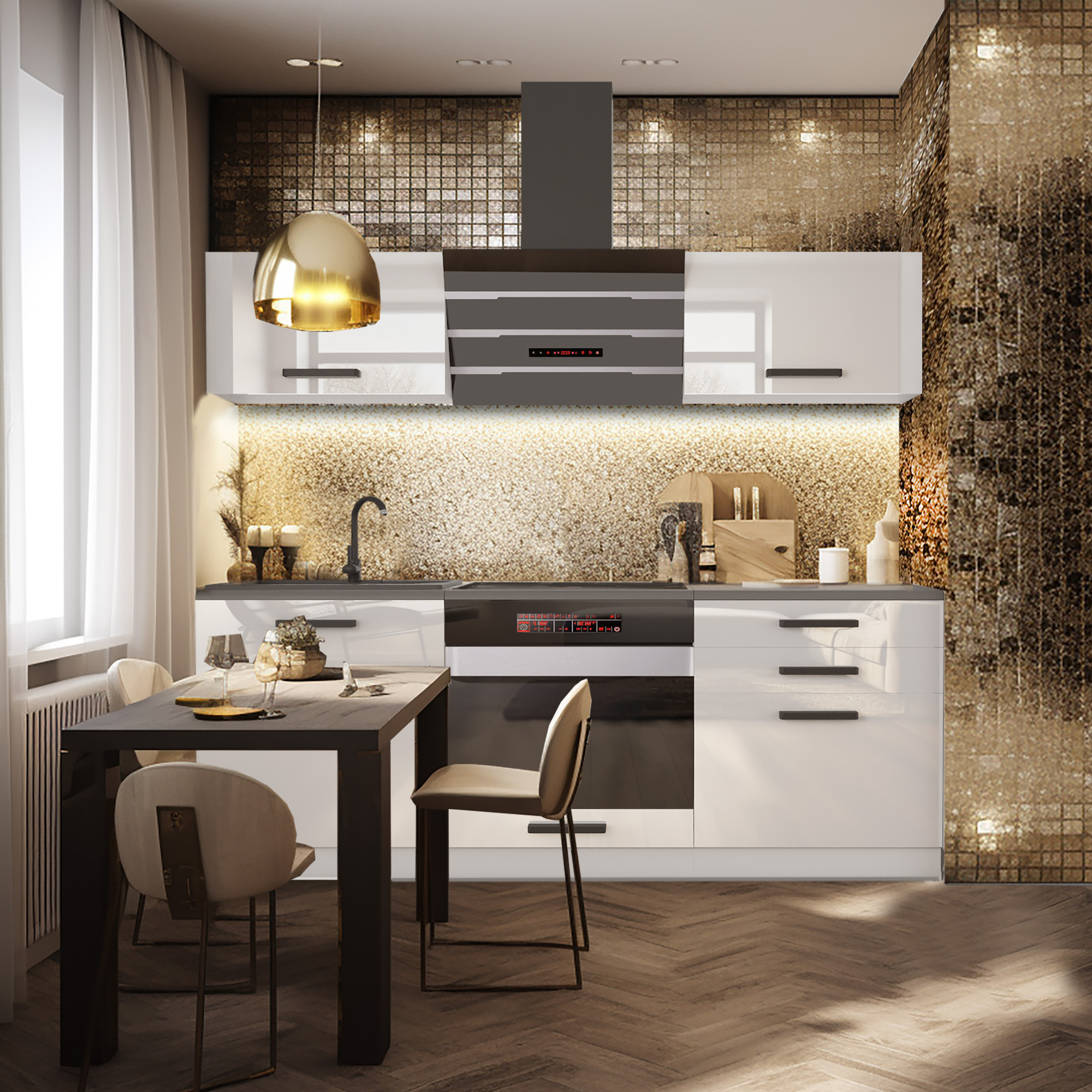 Cuisine blanche, mosaïque dorée et suspension laiton
