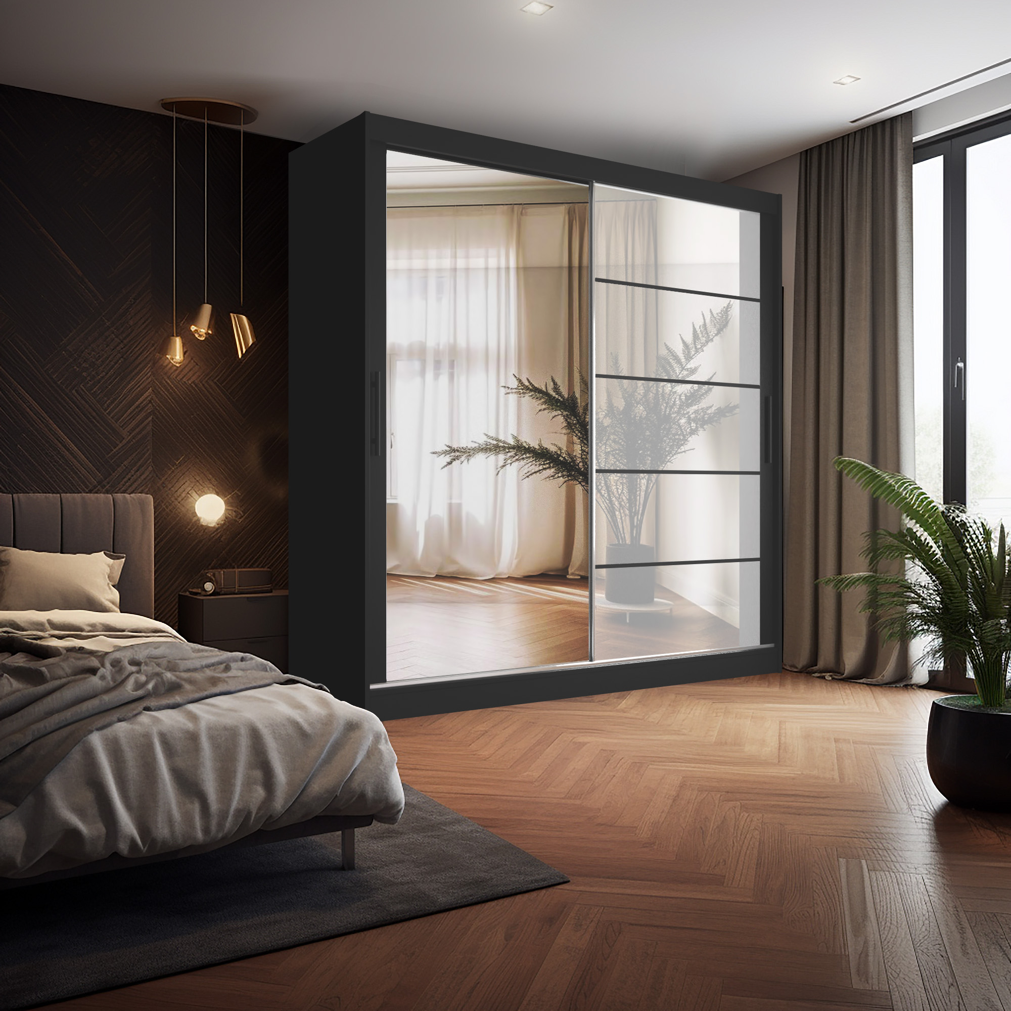 Chambre avec armoire vitrée et accents boisés