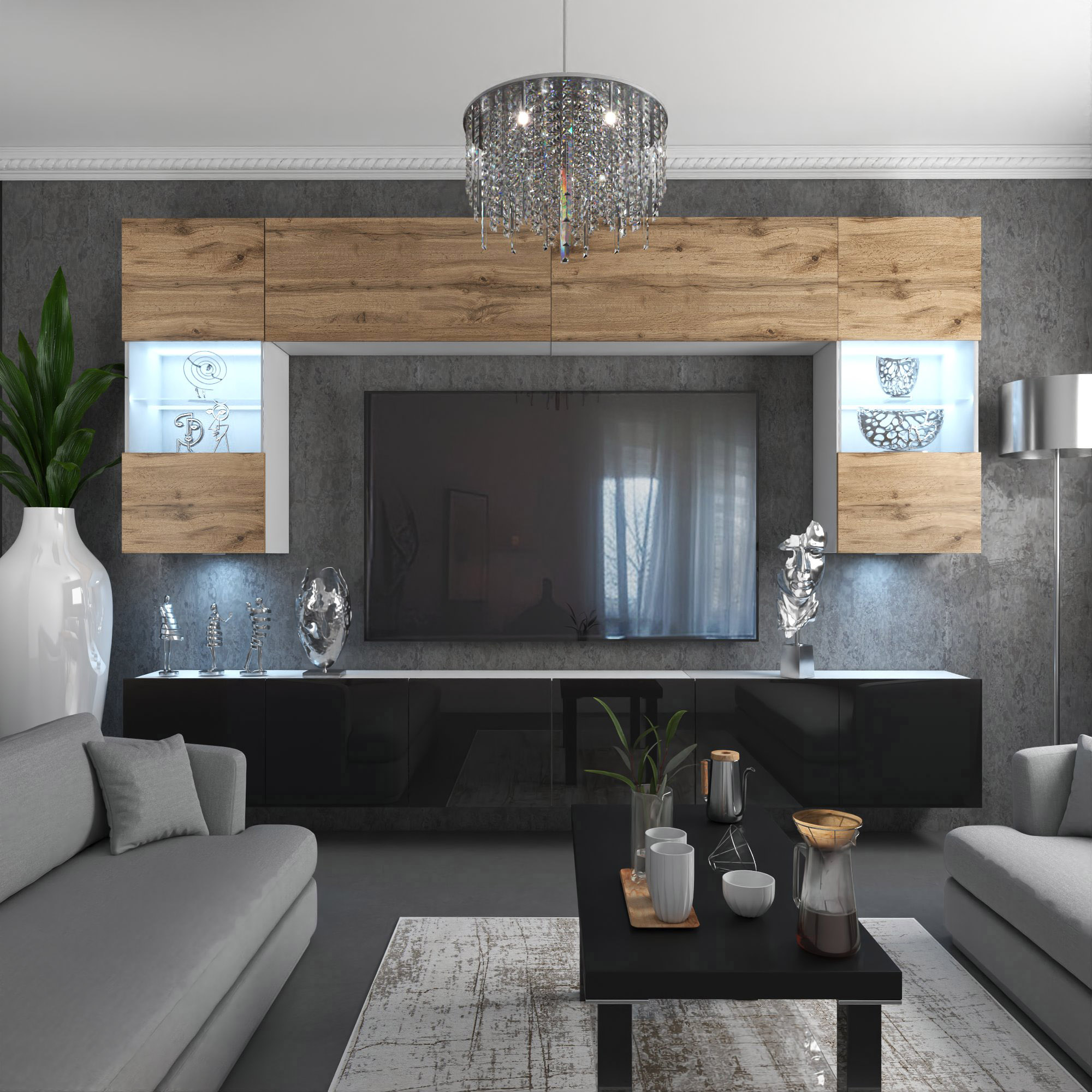 Salon gris avec meuble TV bois et laque, niches LED