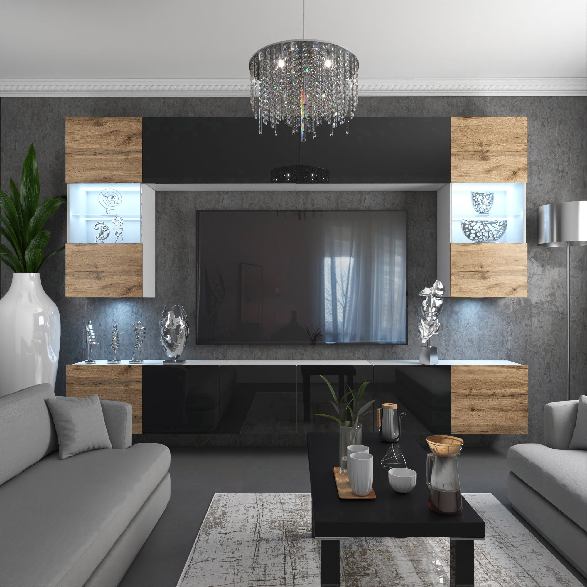 Salon avec meubles intégrés et éléments en bois