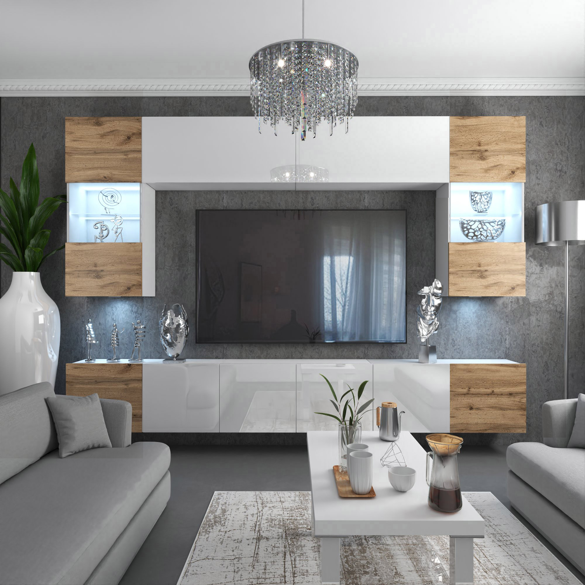 Salon avec mur TV élégant et accents boisés