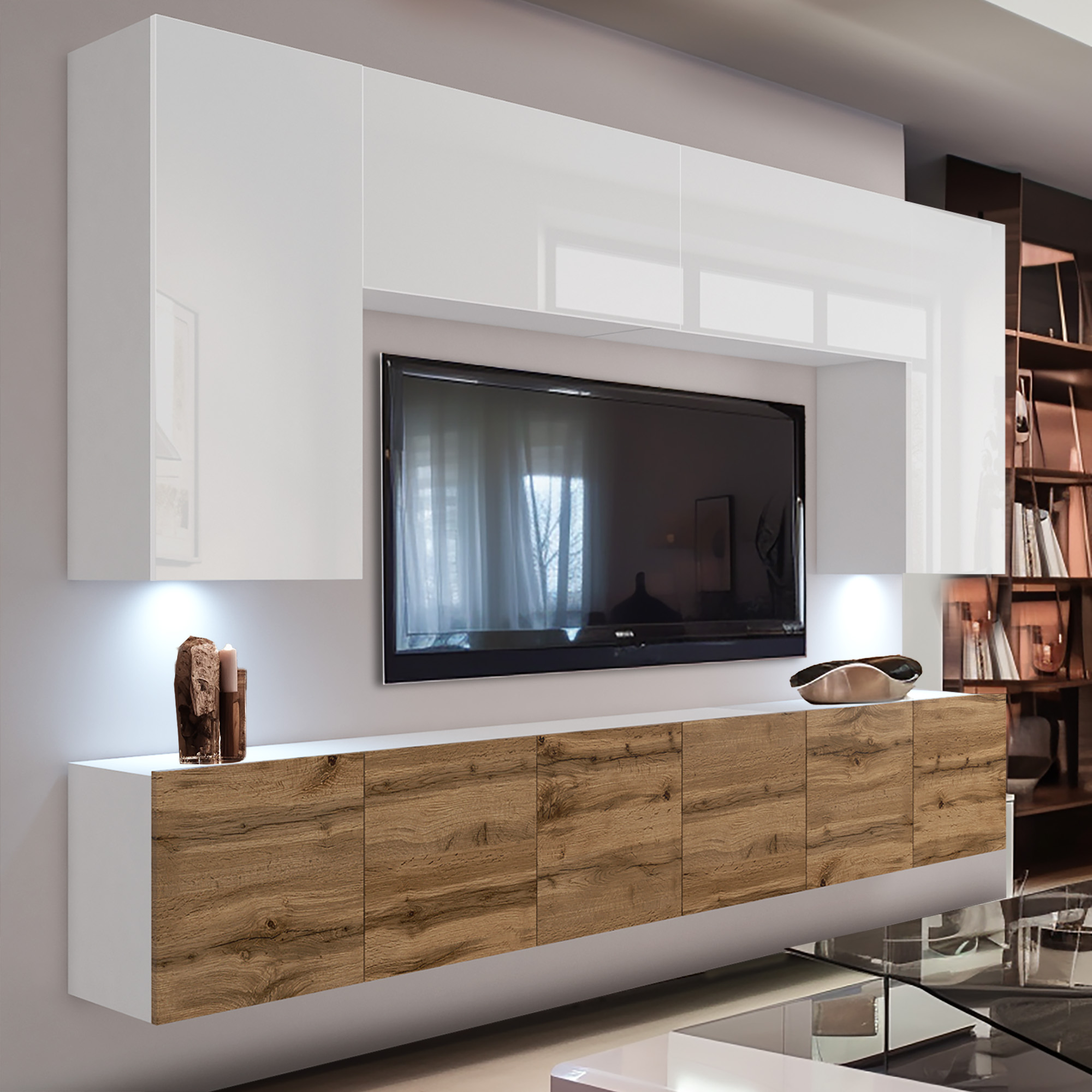 Mur TV laqué blanc et chêne avec rangements suspendus