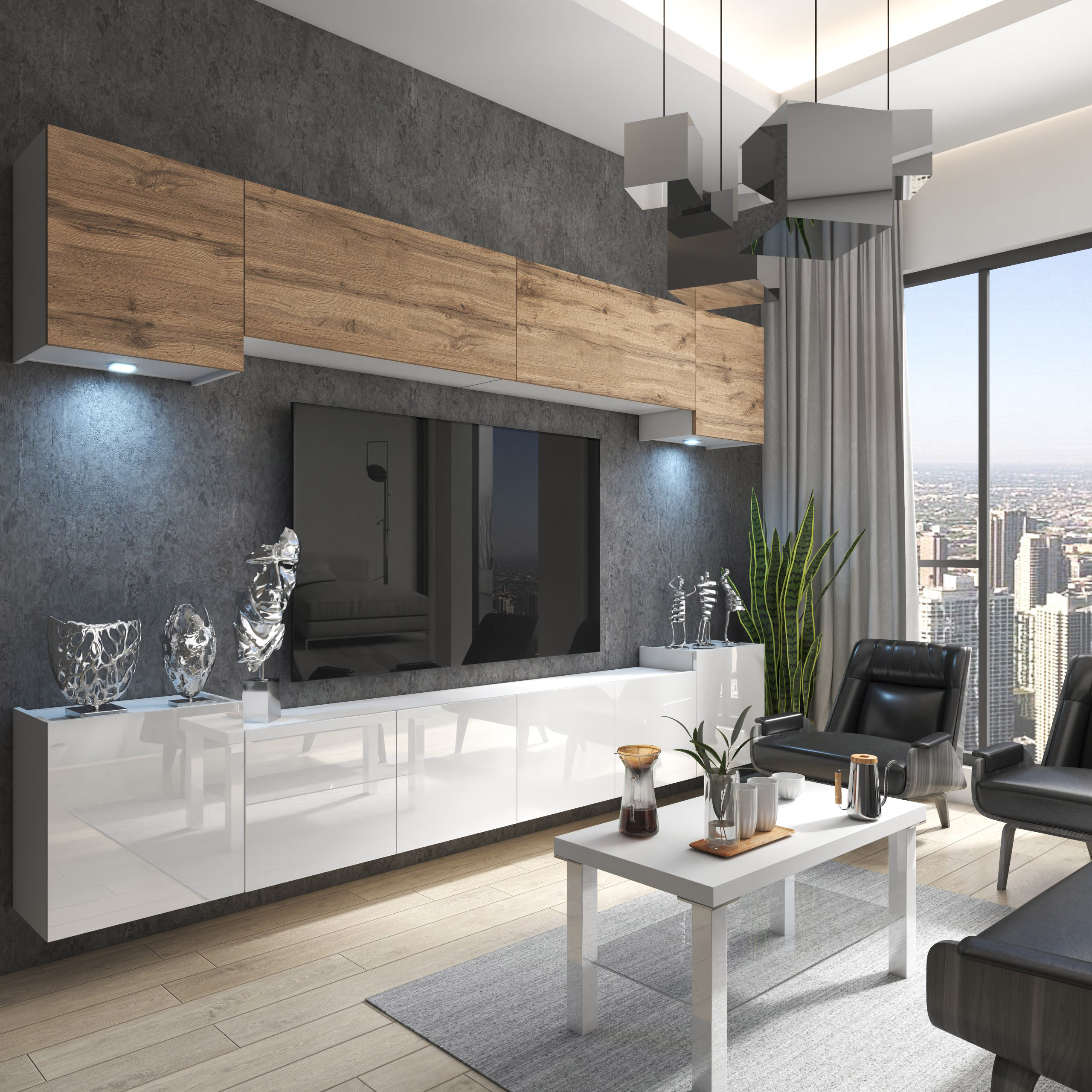 Salon avec meubles en bois et blanc, vue sur la ville
