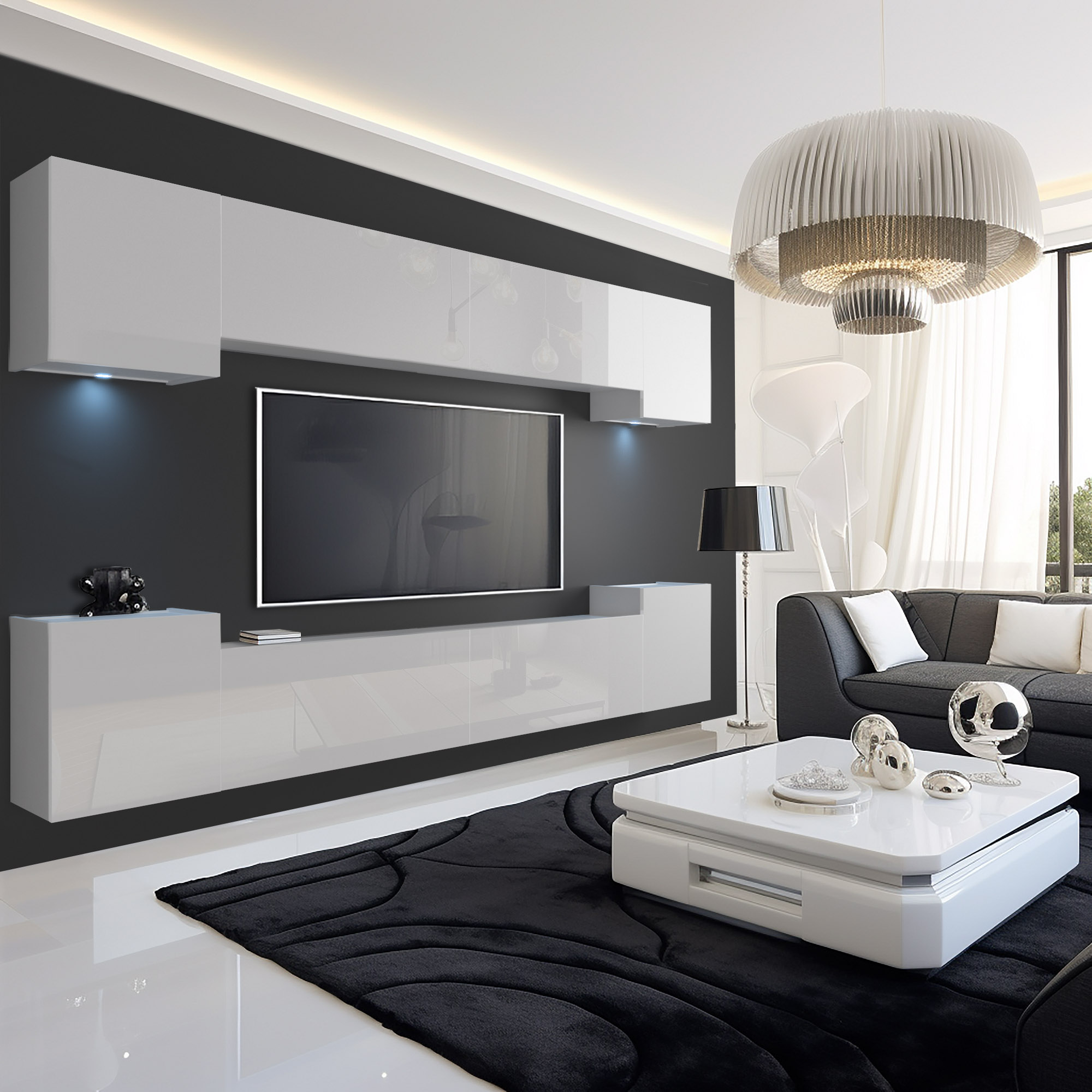 Salon avec meuble TV intégré et éclairage moderne