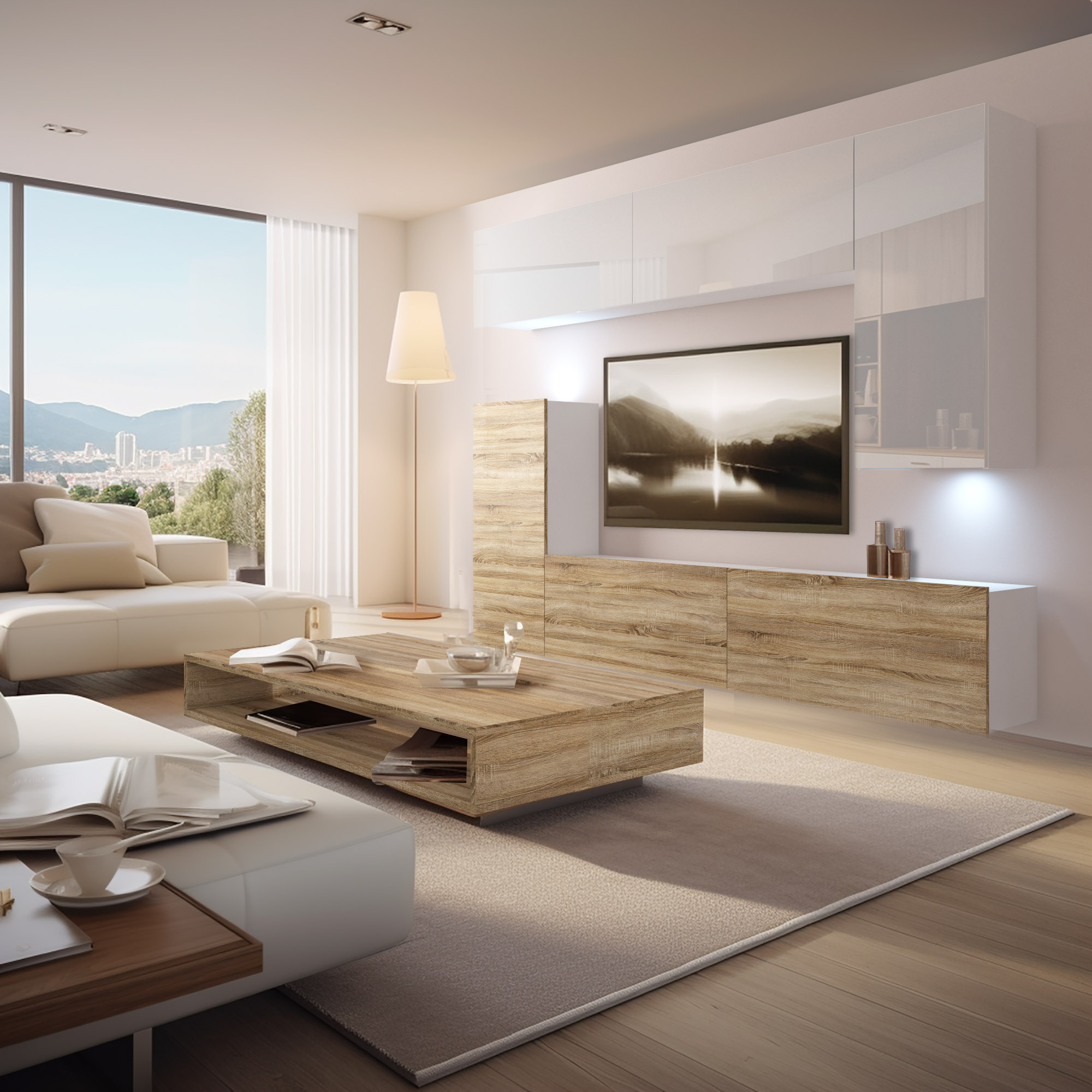 Salon lumineux avec mur TV bois-blanc et table basse chêne