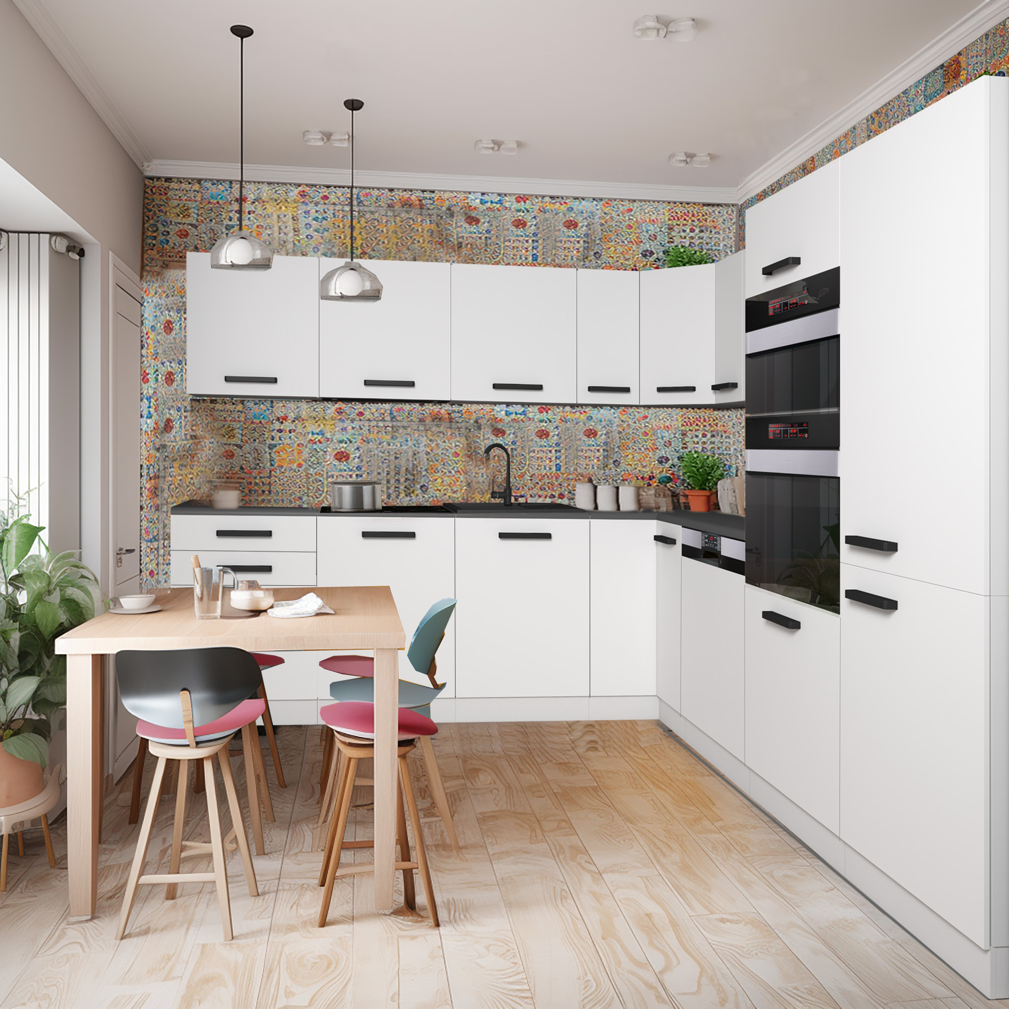 Cuisine blanche en U, crédence patchwork colorée