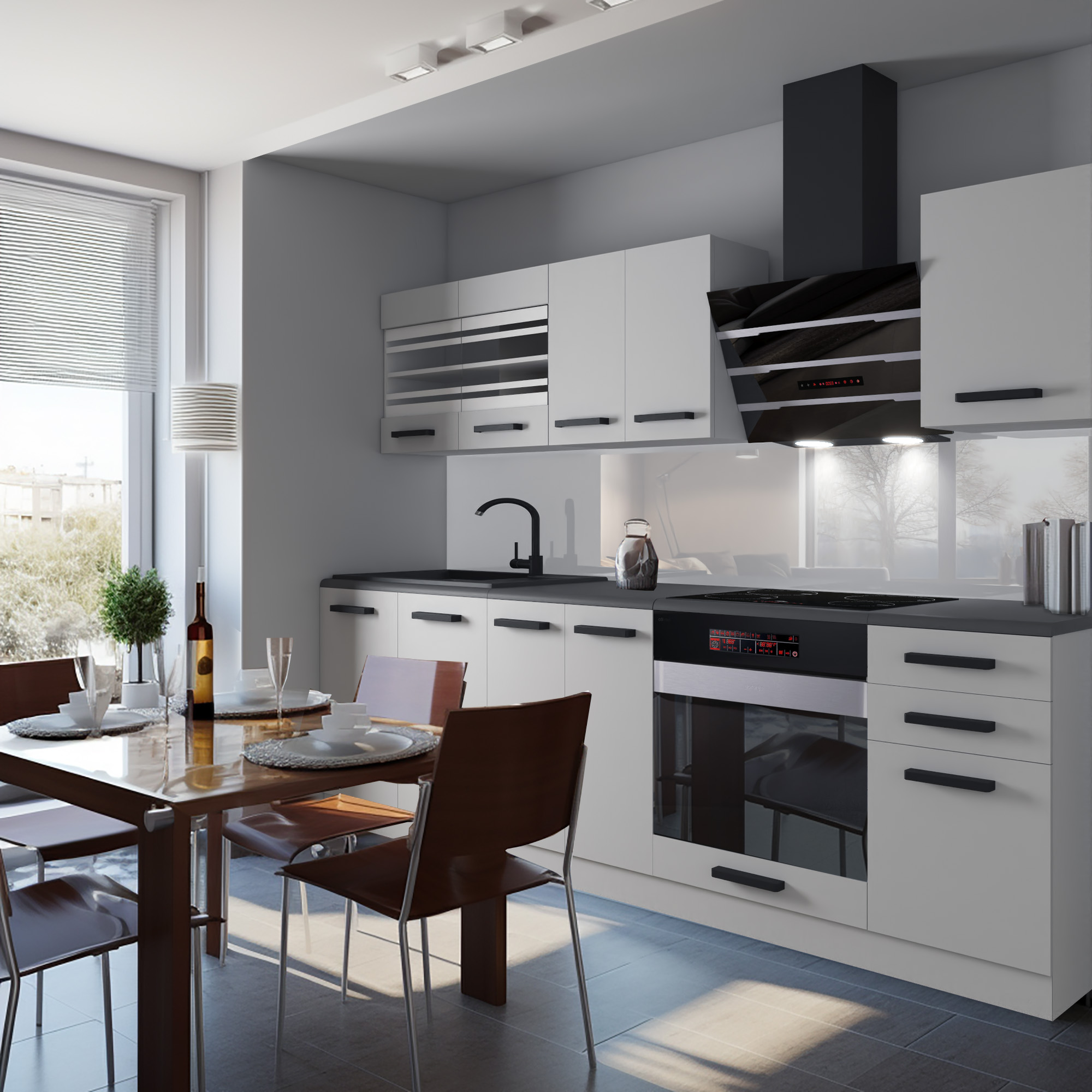 Cuisine blanche avec meubles noirs et table en bois