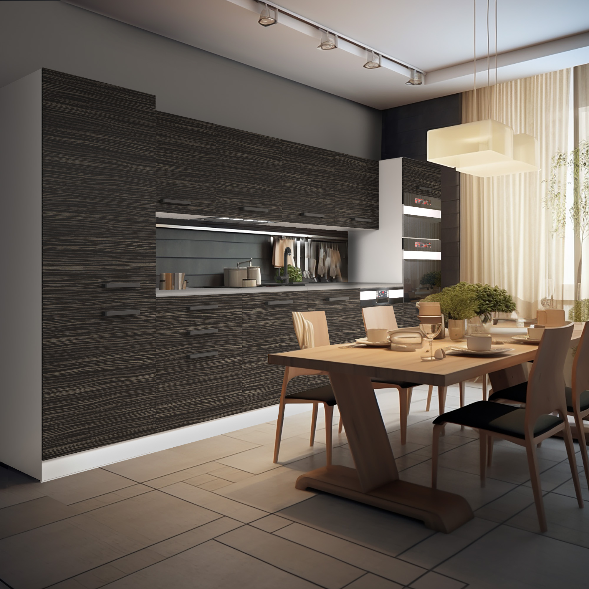Cuisine sombre, façades veinées et table bois clair