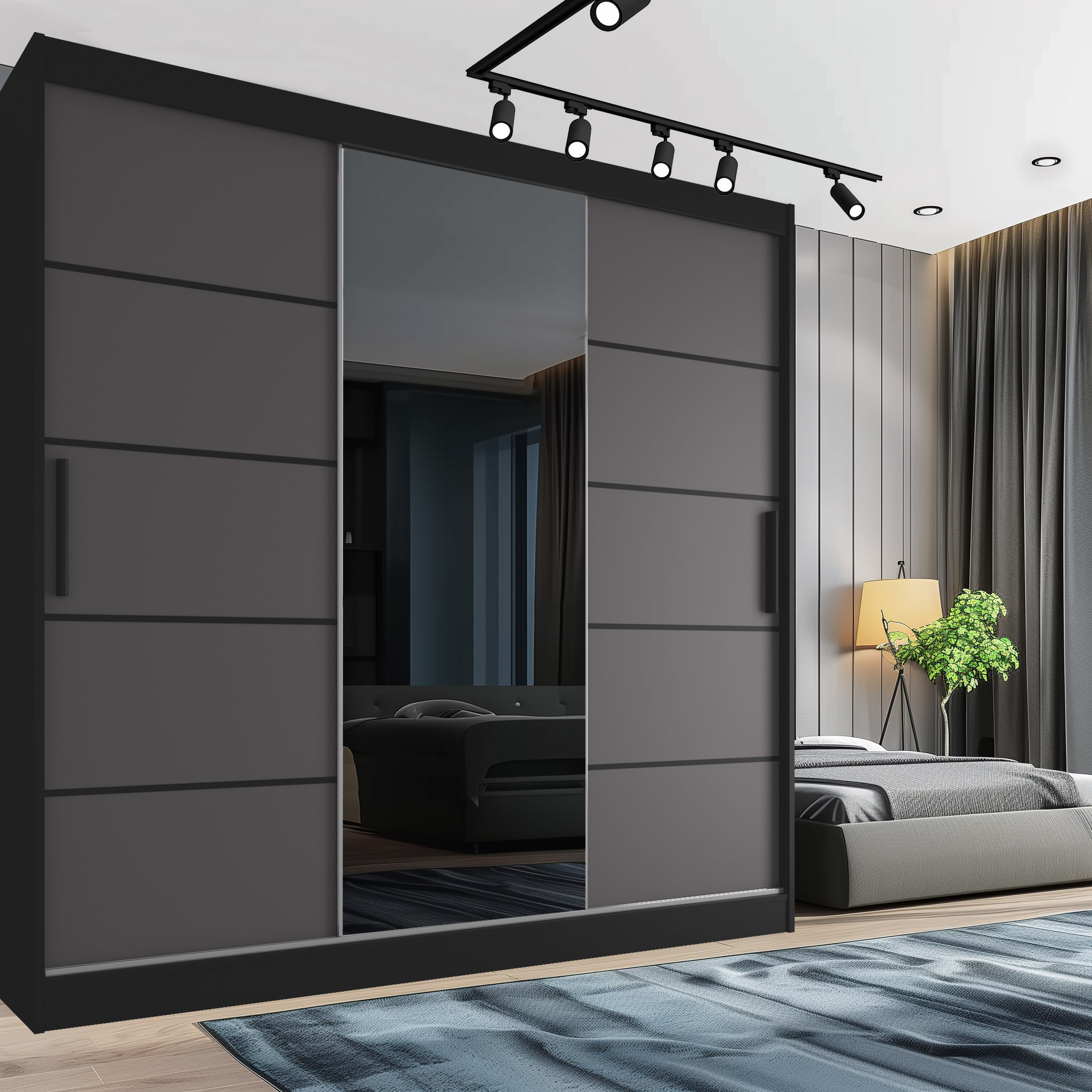 penderie avec miroir et lit dans la chambre