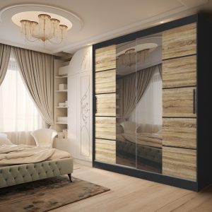 Grande armoire miroir bois et lit capitonné, chambre
