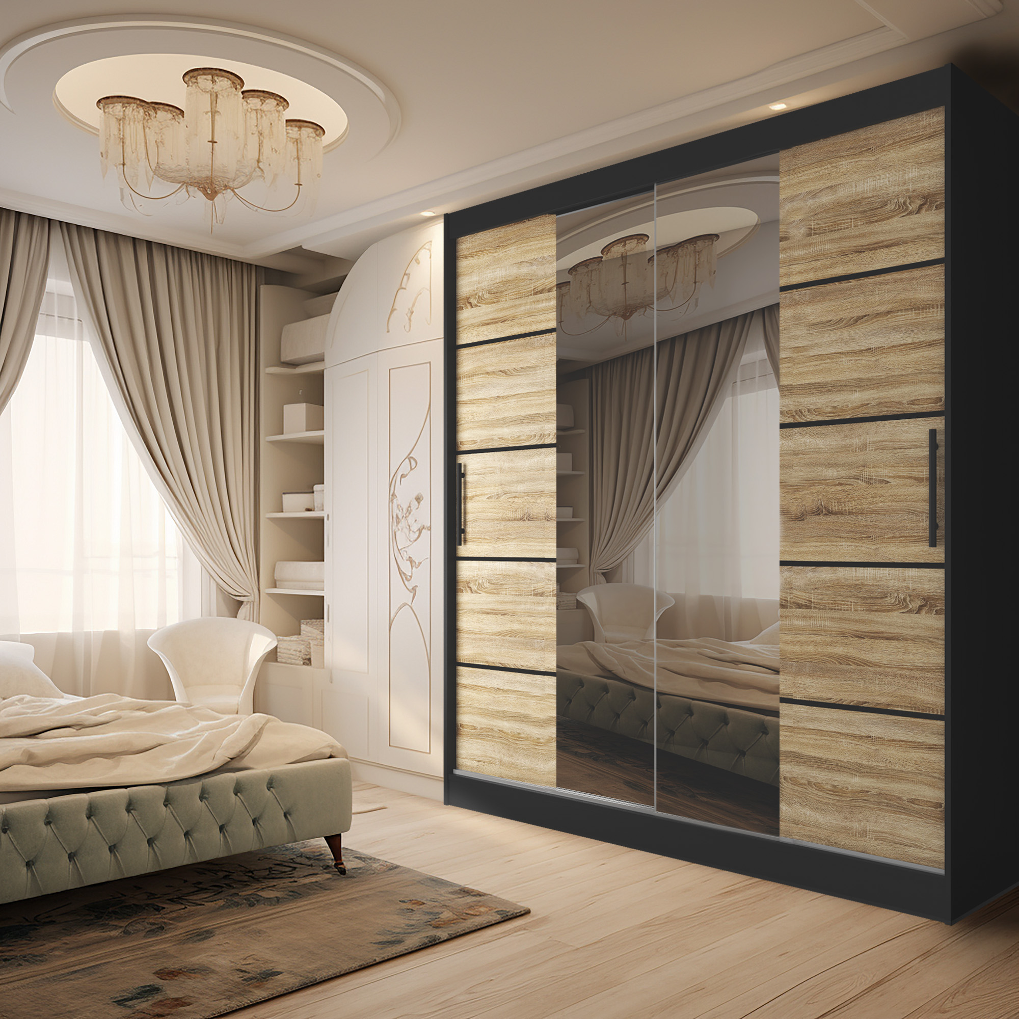 Grande armoire miroir bois et lit capitonné, chambre