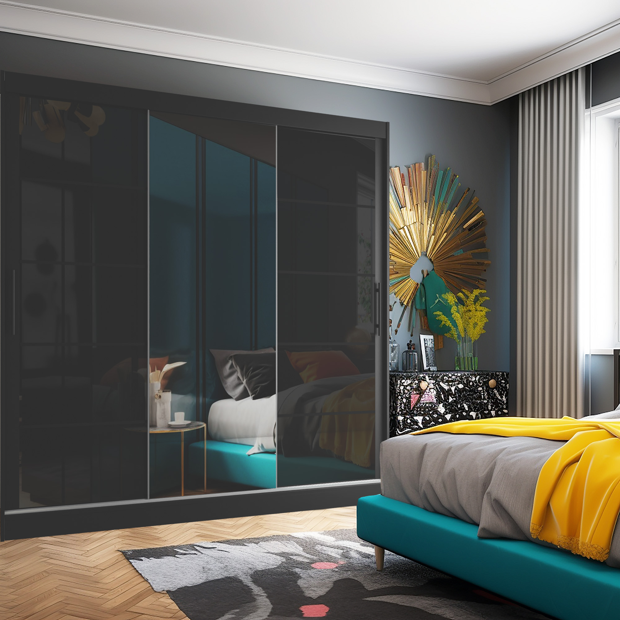 Chambre avec armoire noire miroir et lit turquoise
