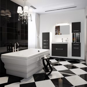 Salle de bain noir et blanc, baignoire et meubles sombres
