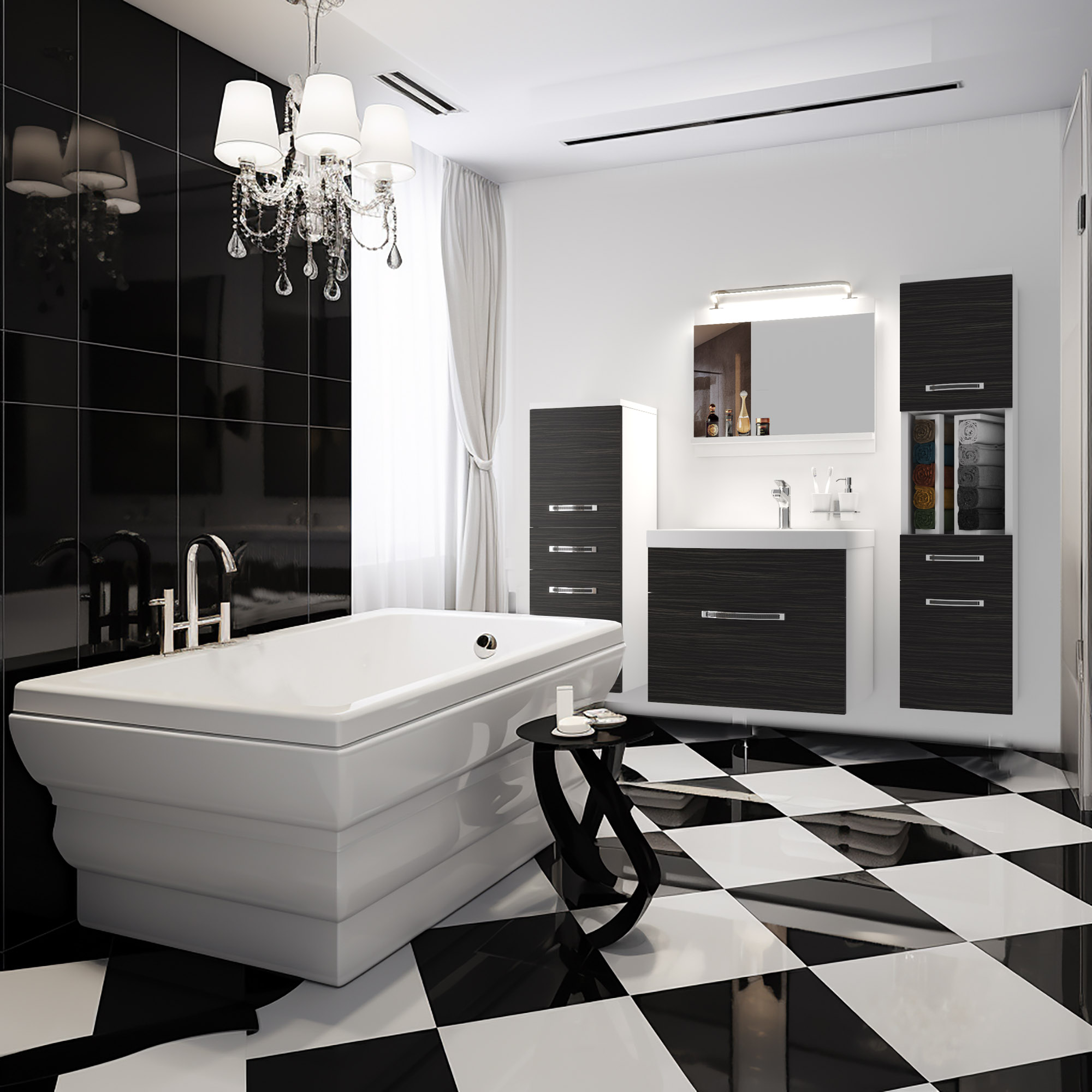 Salle de bain noir et blanc, baignoire et meubles sombres