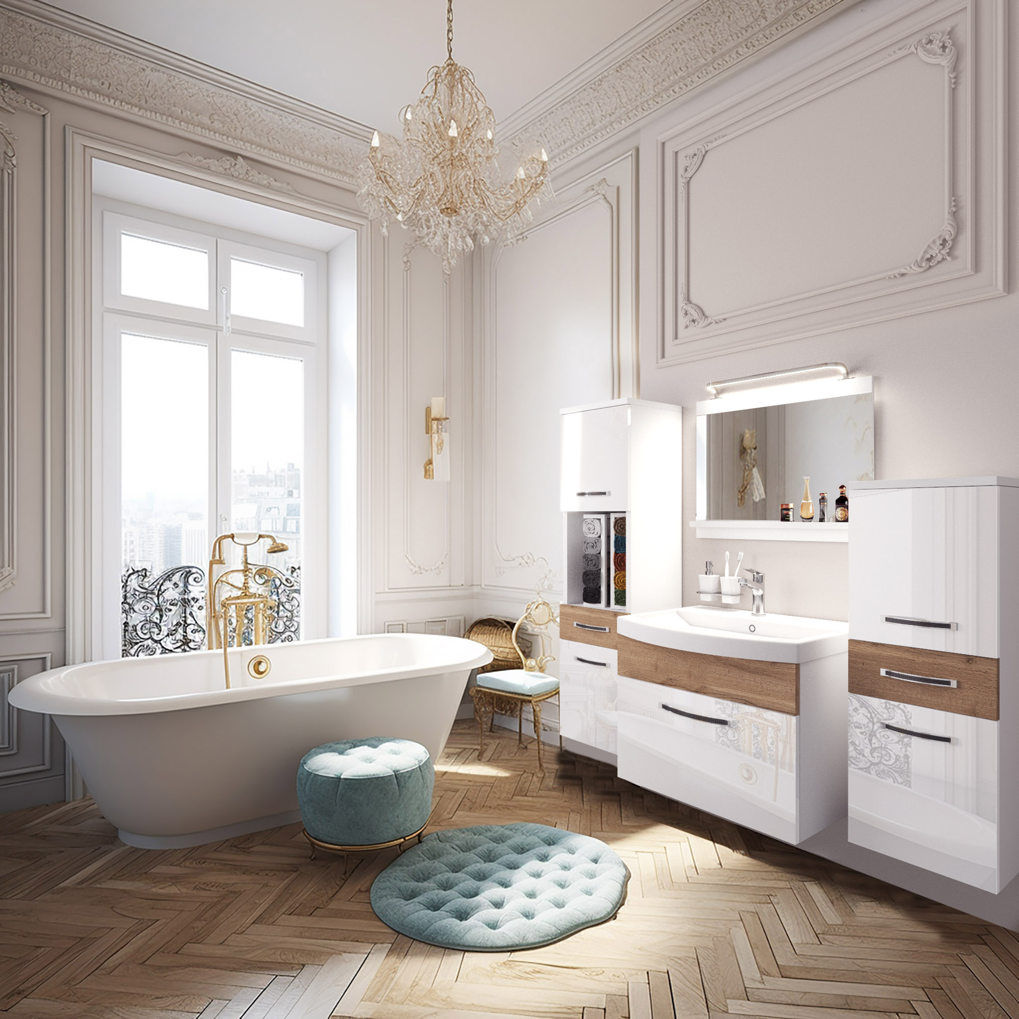 Salle de bain claire avec baignoire îlot et meubles blancs