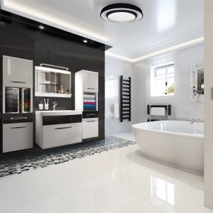 Salle de bains noir et blanc avec baignoire îlot