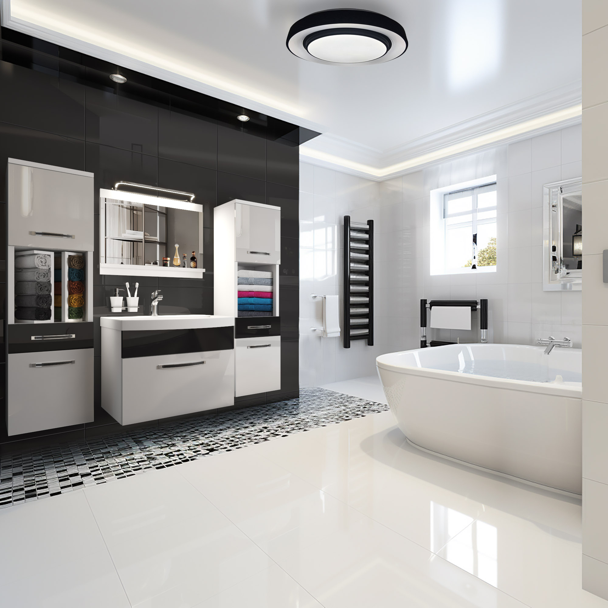 Salle de bains noir et blanc avec baignoire îlot