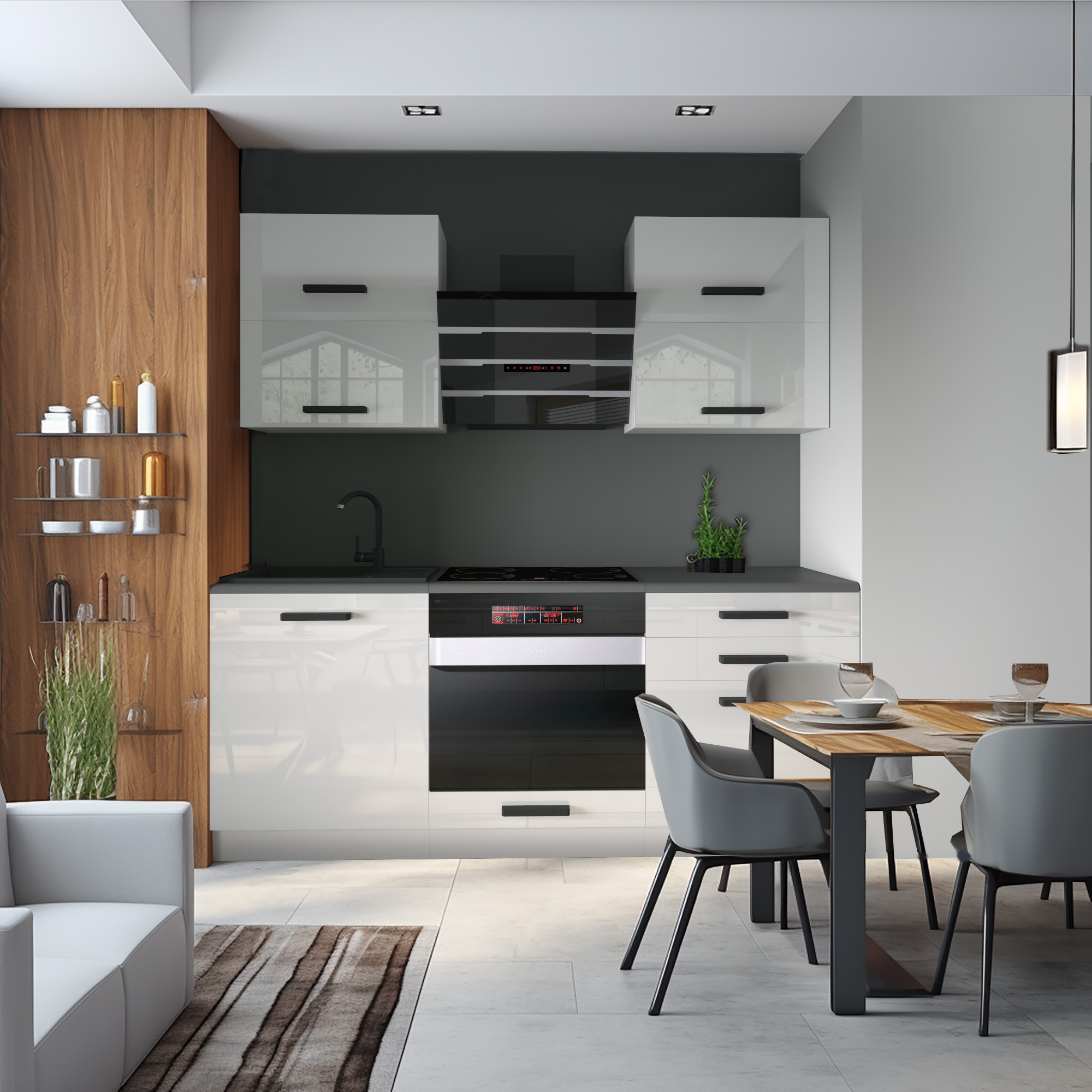 Cuisine laquée noir et blanc avec table en bois