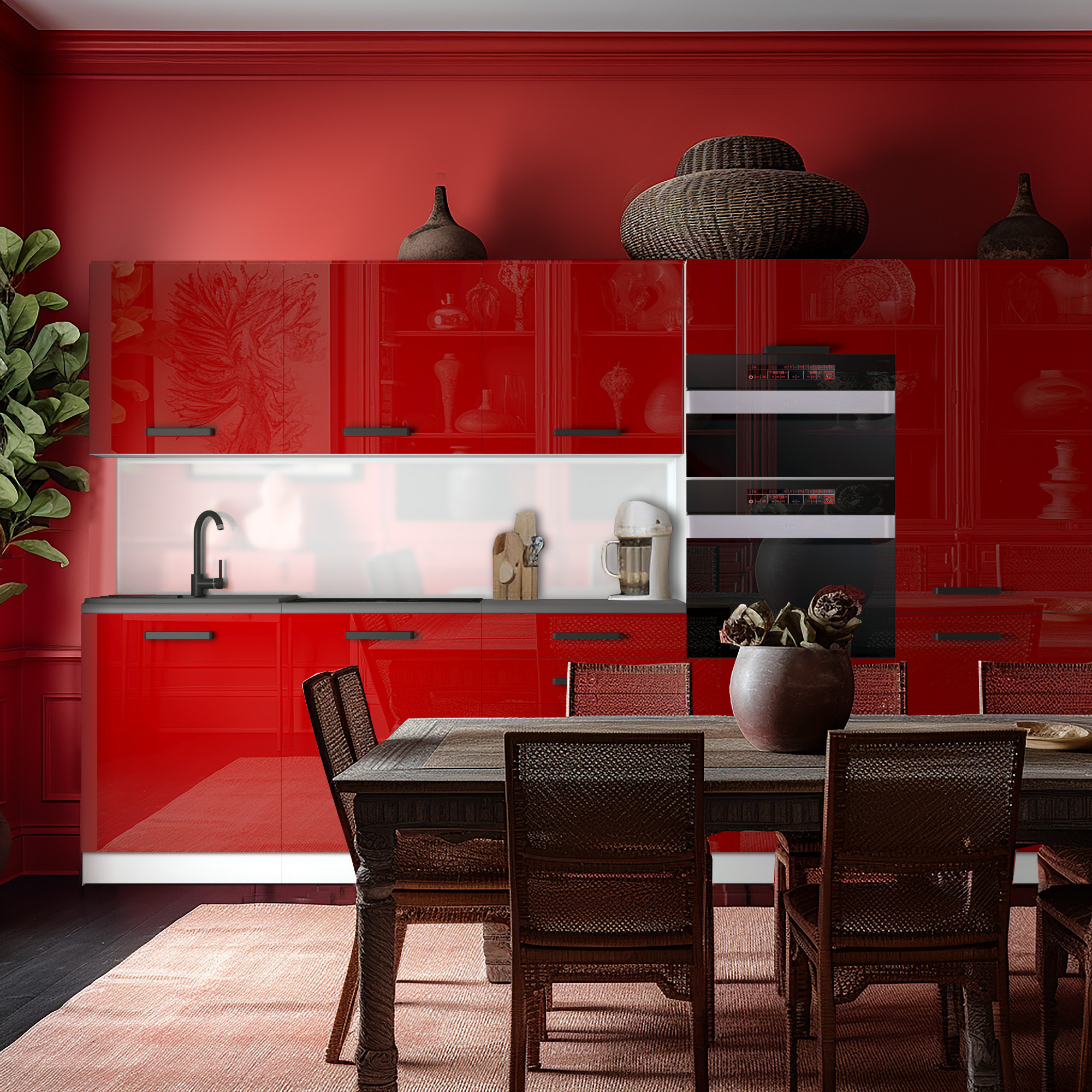 Cuisine rouge brillante, plan sombre et table en rotin