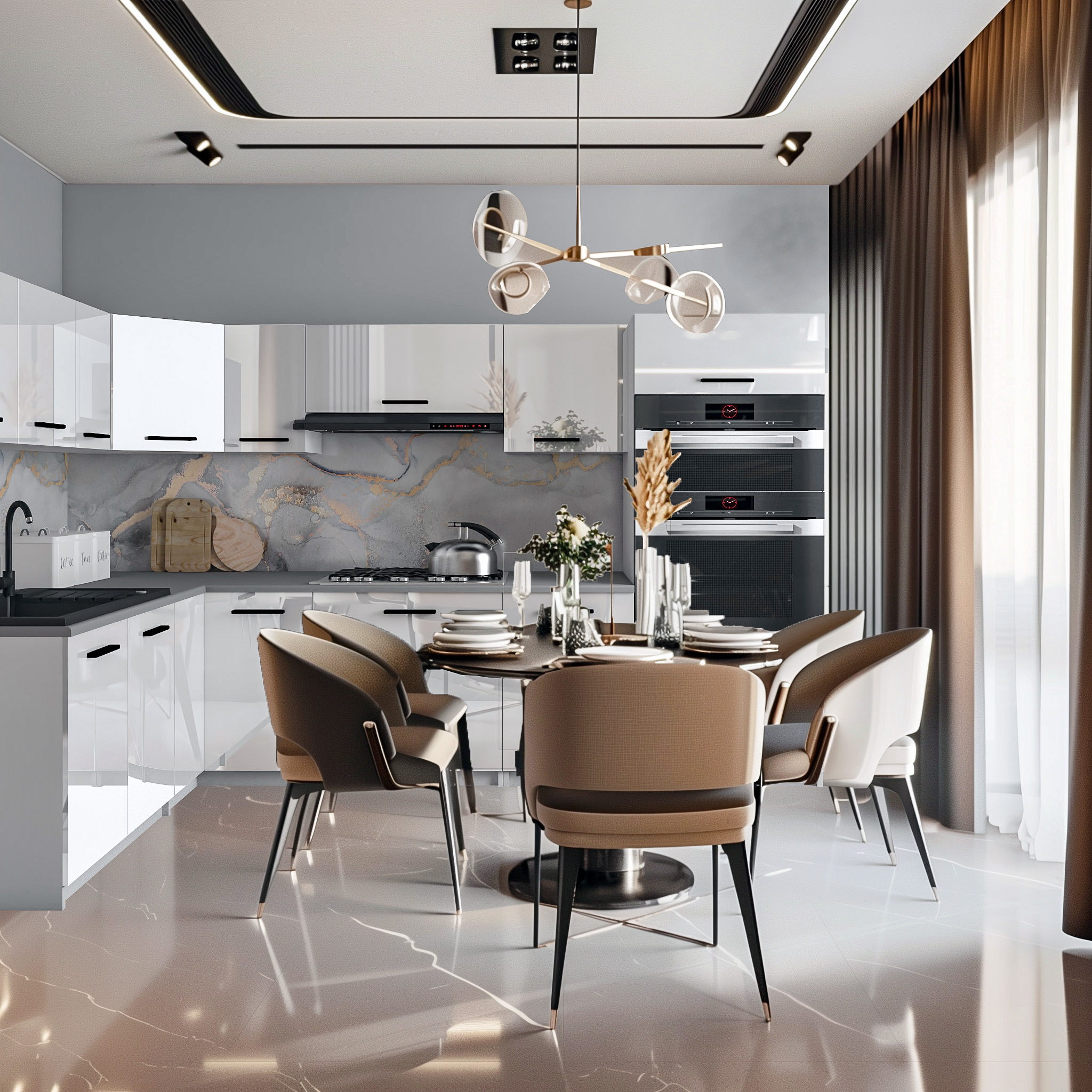 Cuisine blanche et grise avec table ronde et chaises beiges