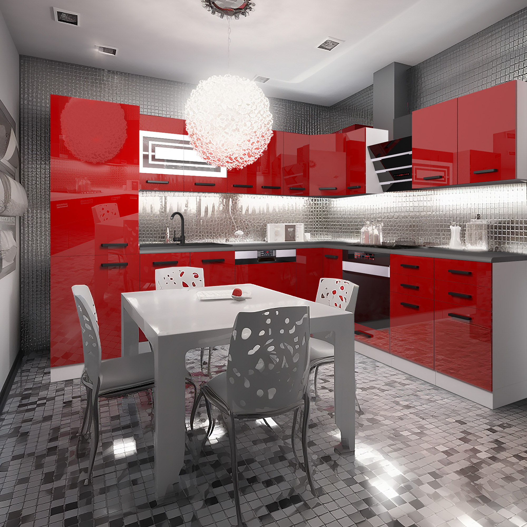 Cuisine en L rouge laqué, crédence mosaïque argent
