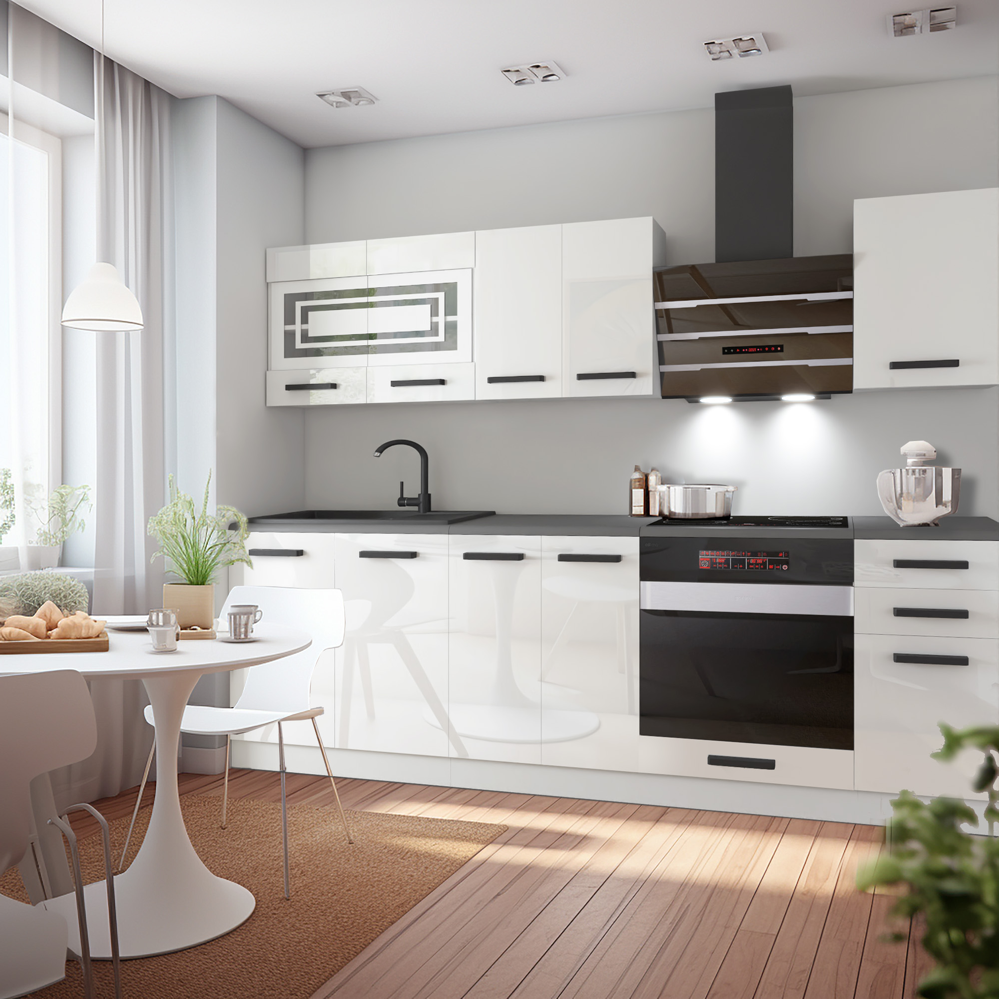 Cuisine blanche brillante avec plan noir et table ronde