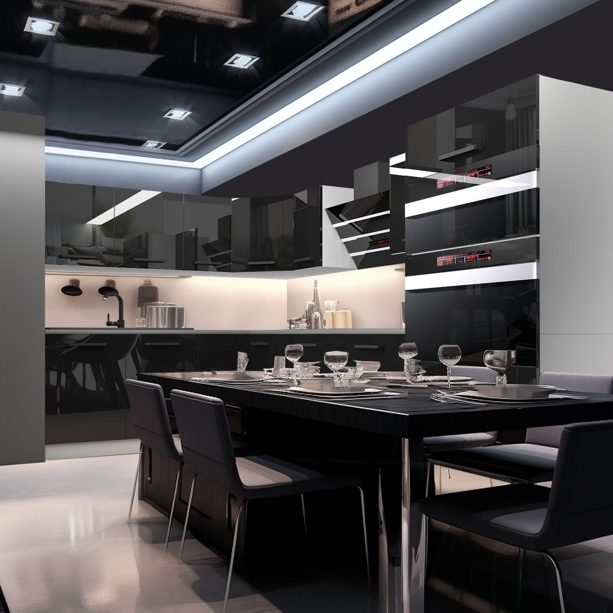 Cuisine noire laquée avec table dressée et éclairages LED