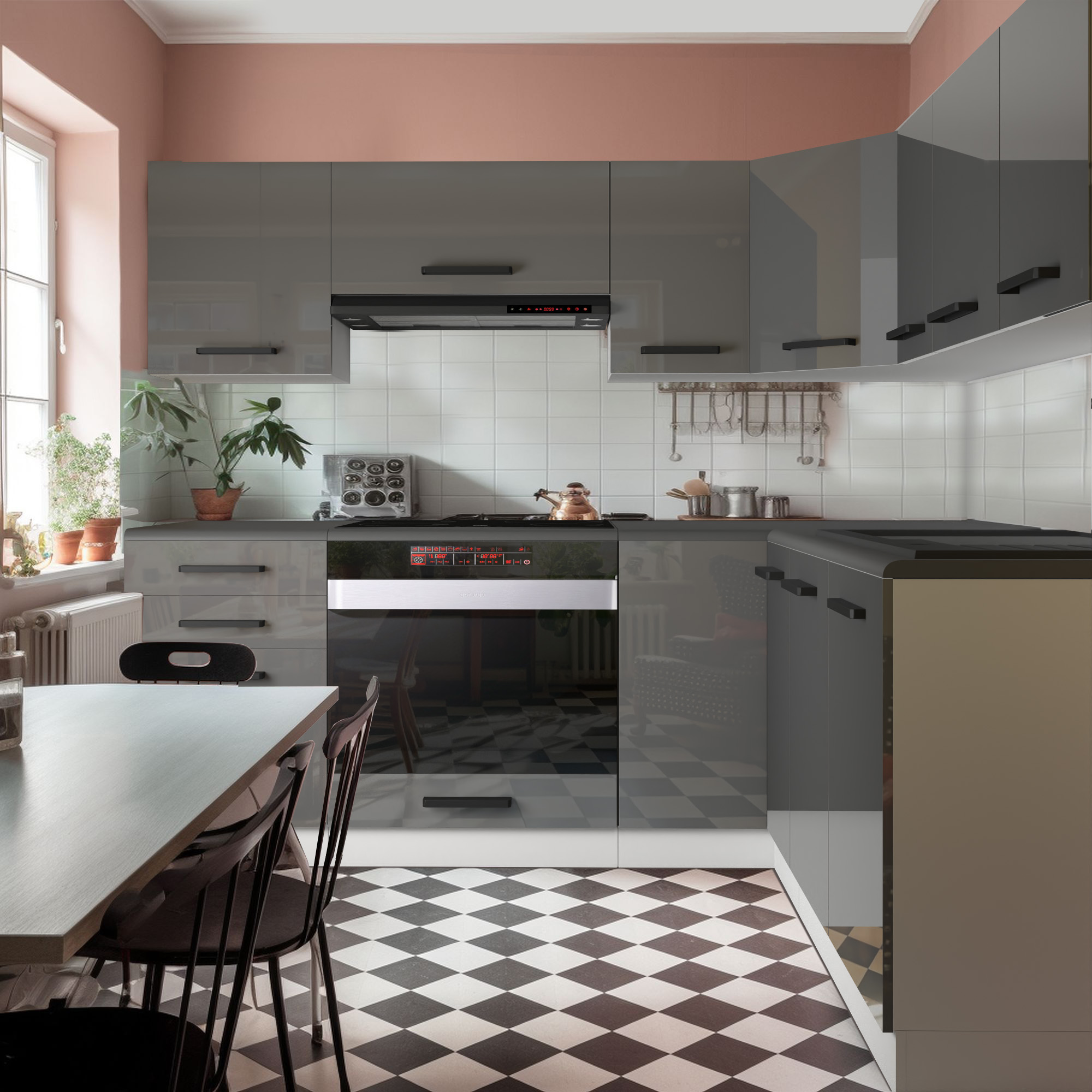 Cuisine en U gris brillant, mur rose et sol damier