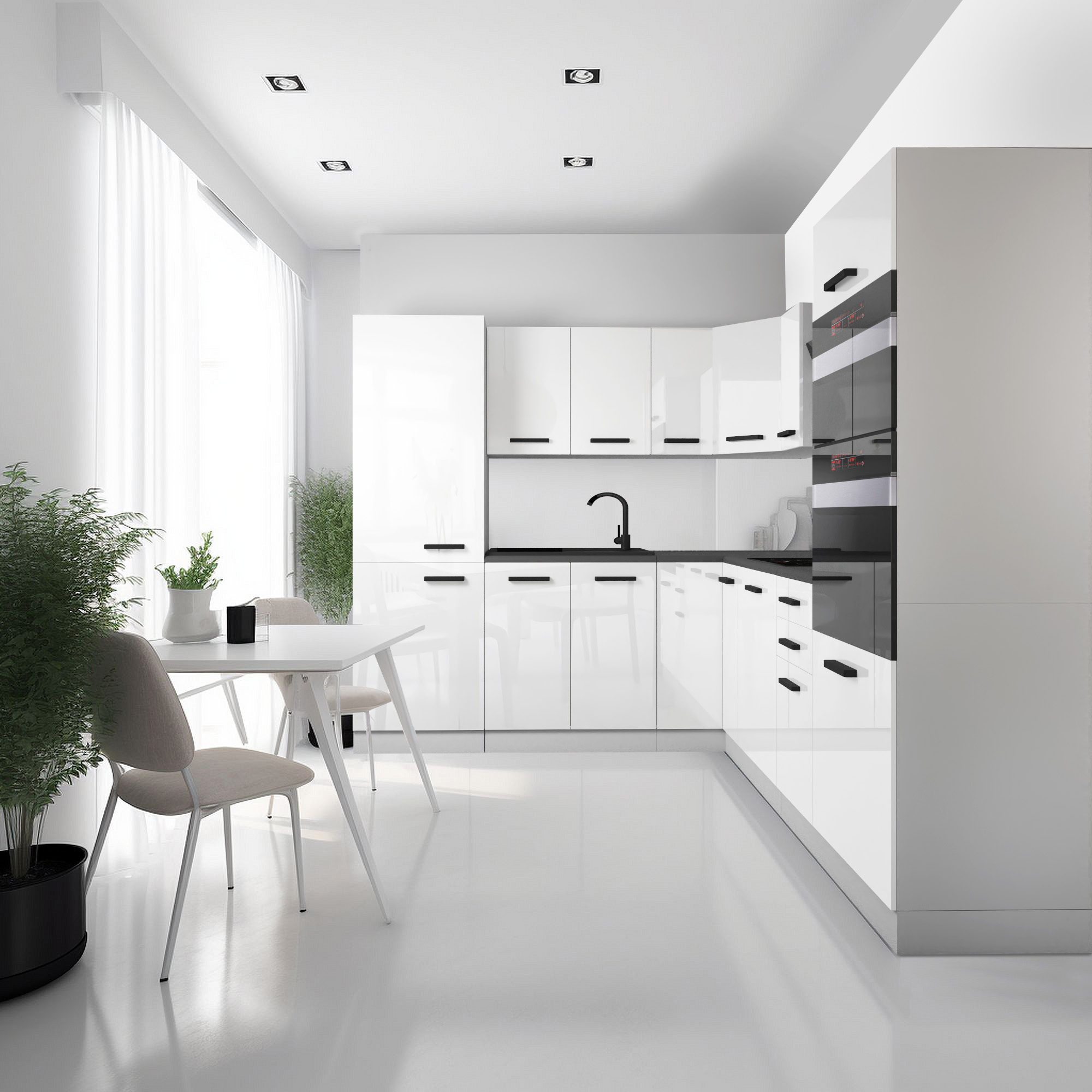 Cuisine blanche en L, façades brillantes et poignées noires