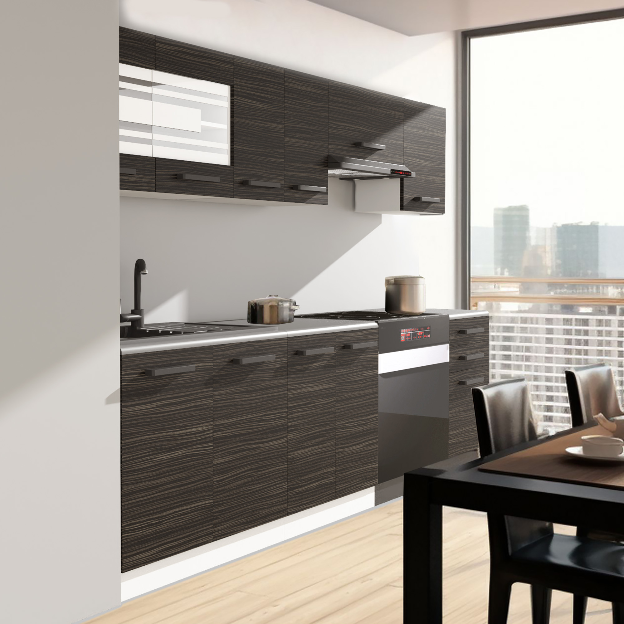 Cuisine en L, façades veinées graphite et verre