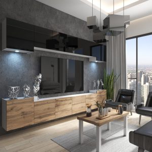 Salon lumineux avec meubles bois et laqué noir