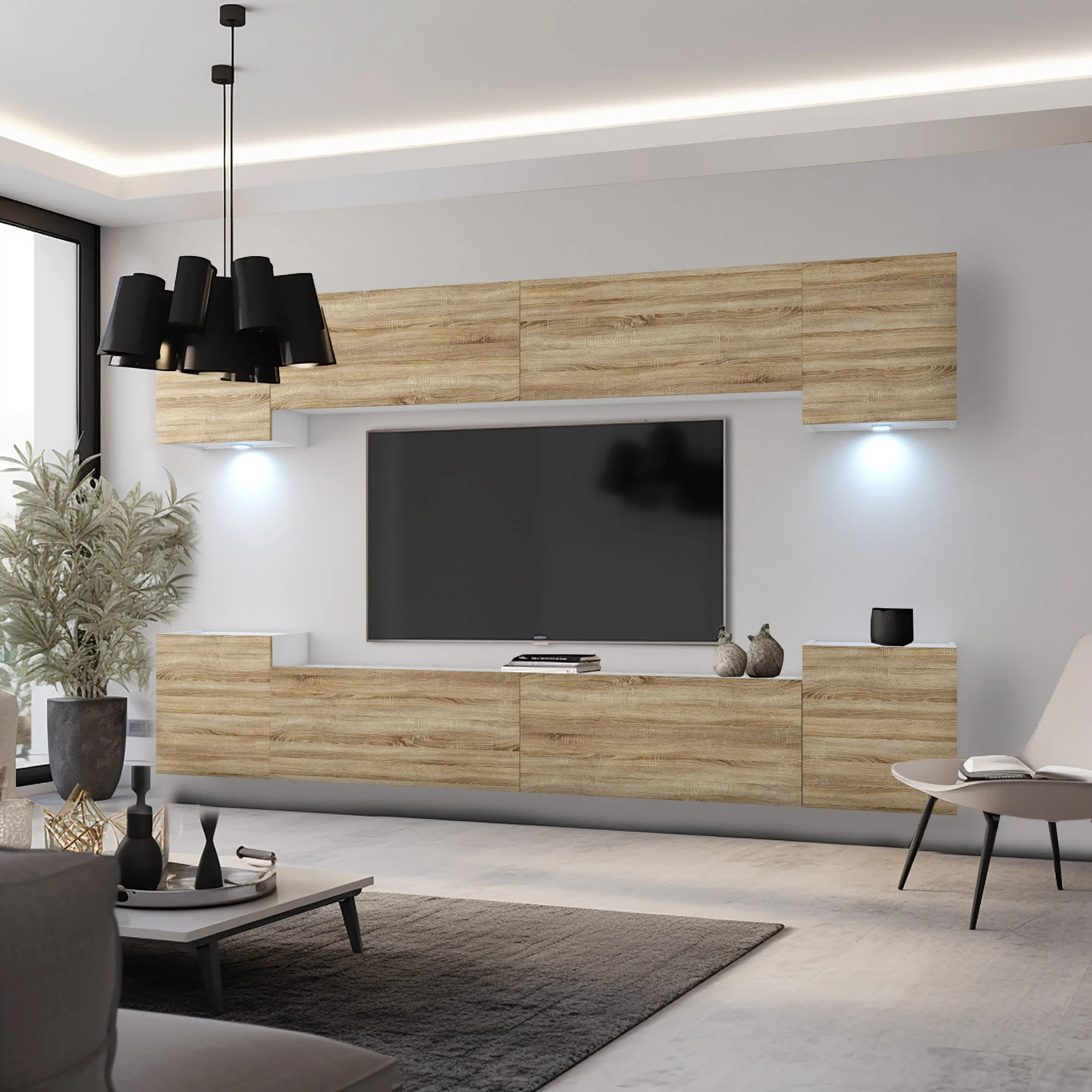 Salon lumineux avec mur TV en bois et éclairages LED