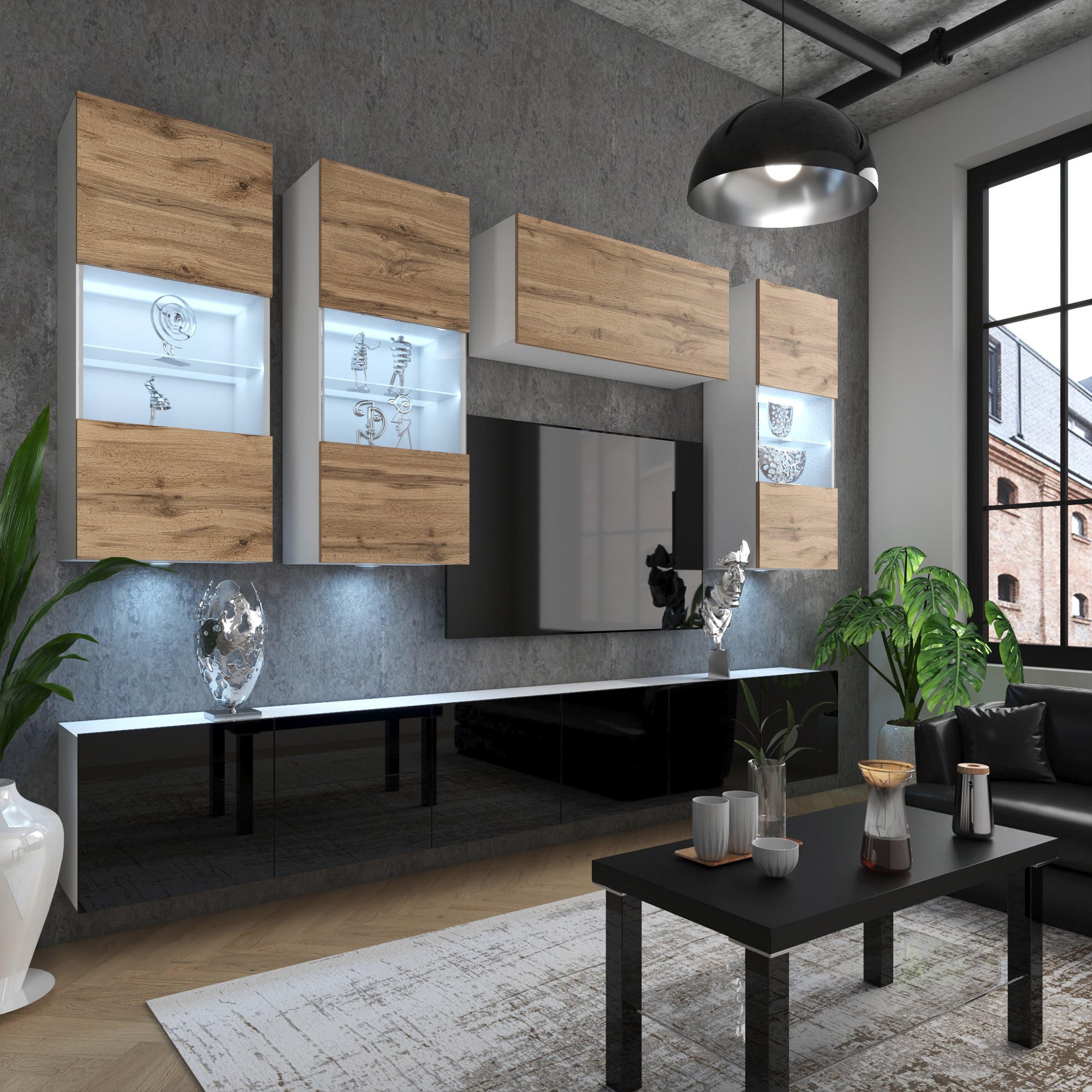 Mur TV: vitrines LED, chêne et noir laqué dans le salon