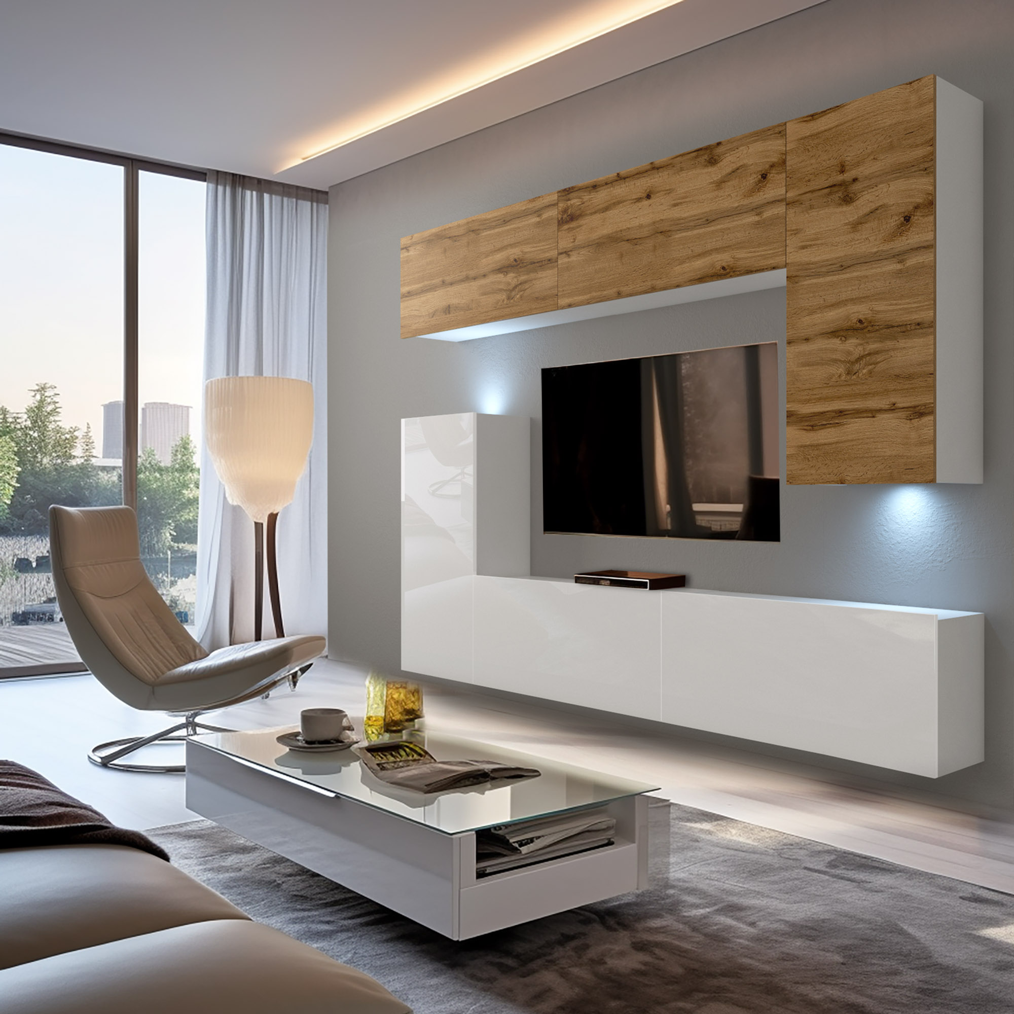 Salon: mur TV blanc et chêne, table basse en verre