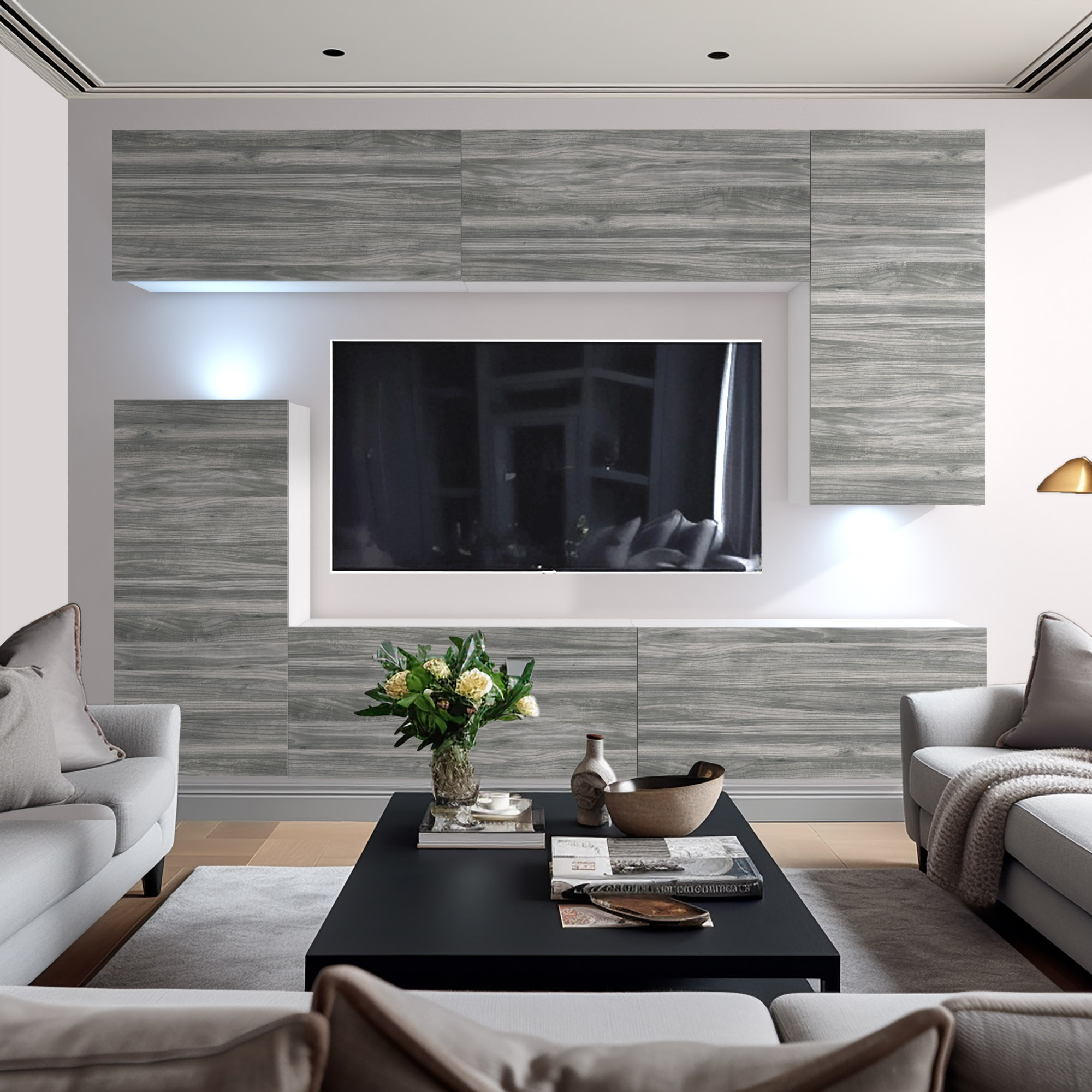 Mur TV bois gris avec rangements et canapés clairs