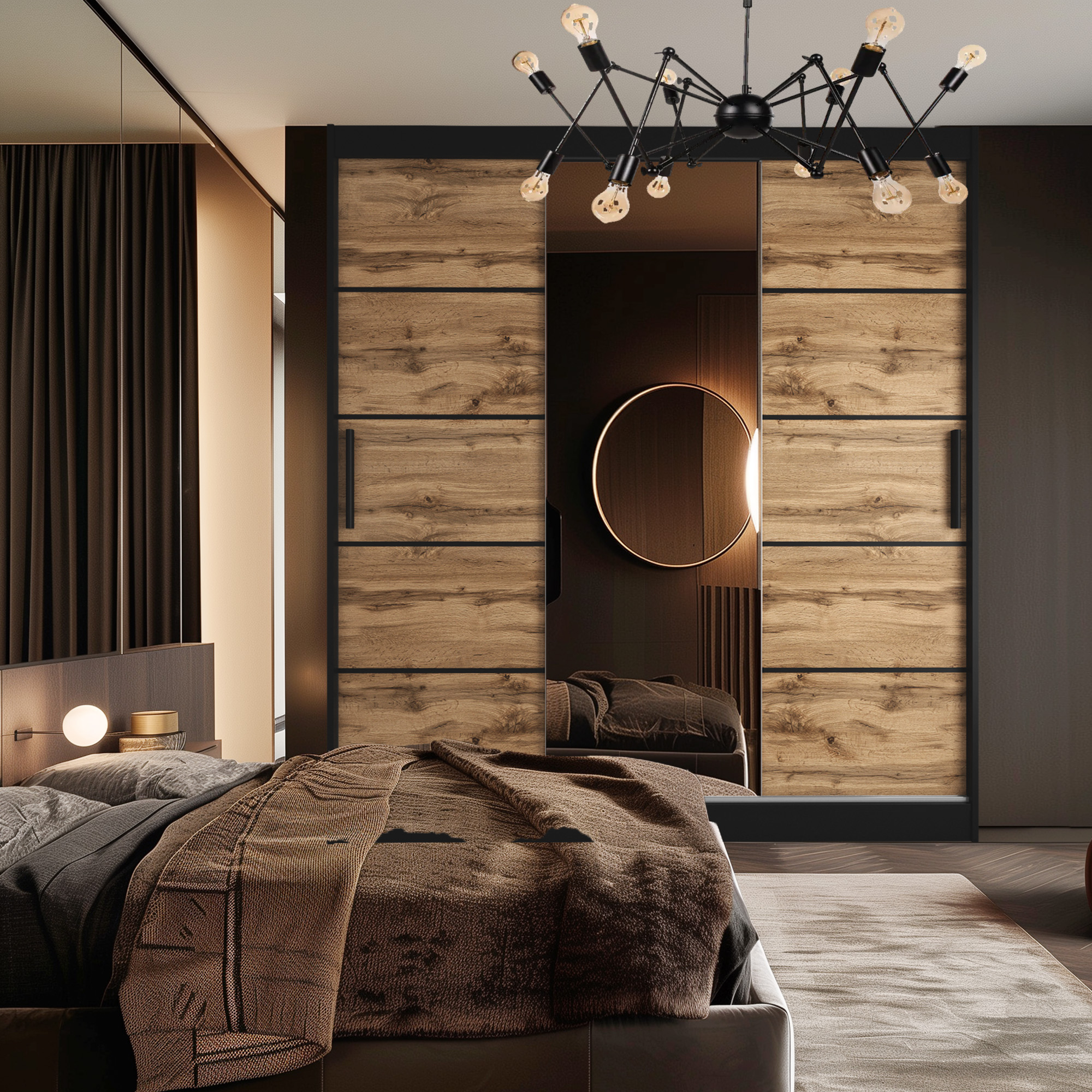 Chambre cosy avec armoire coulissante bois et miroir