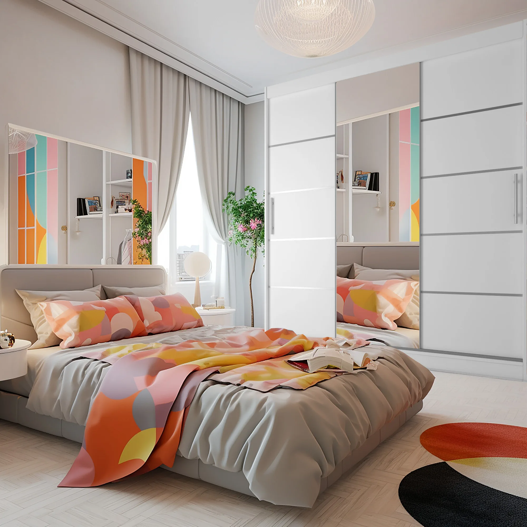 Chambre lumineuse avec armoire miroir et lit capitonné