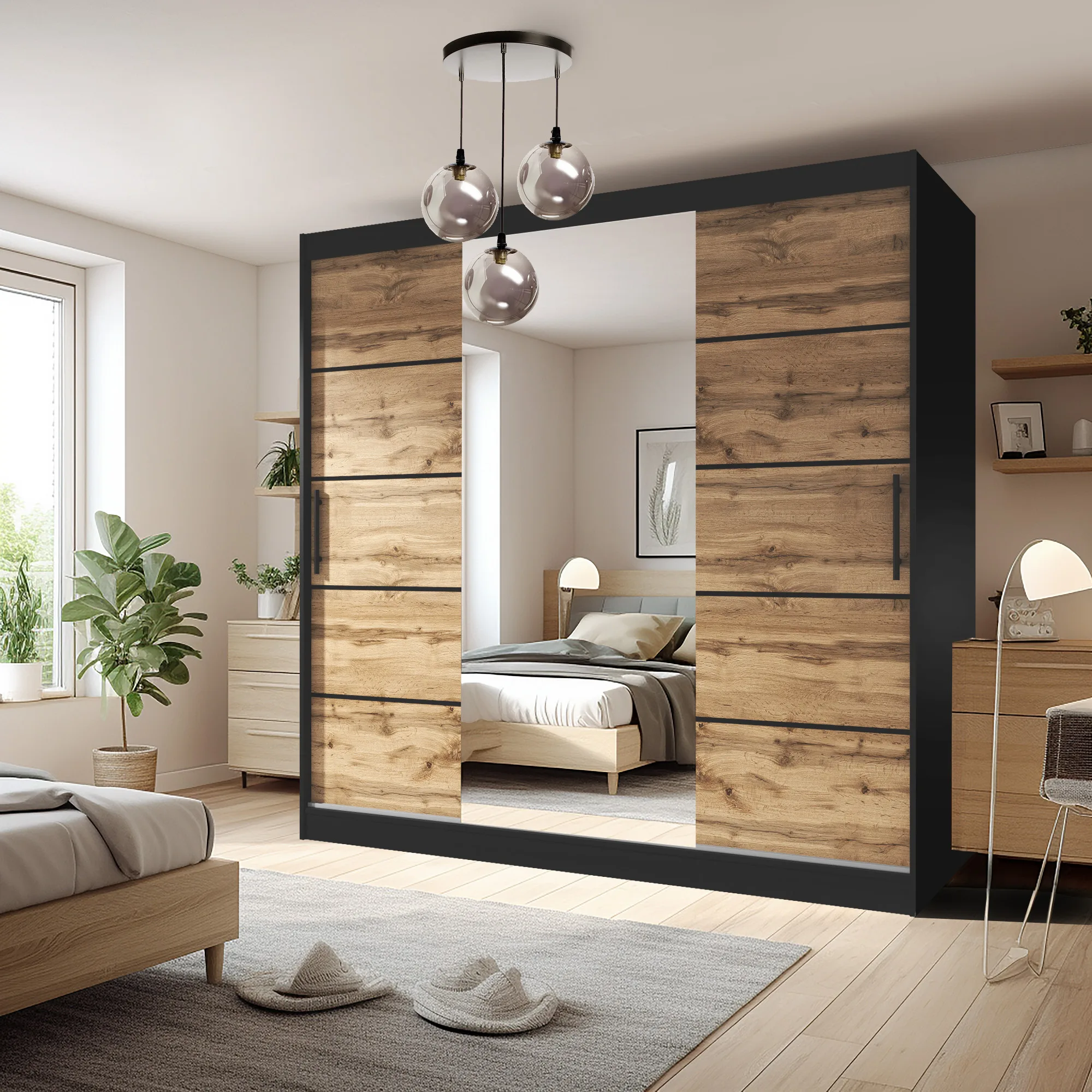 Chambre avec armoire miroir, chêne et noir, lit bois clair