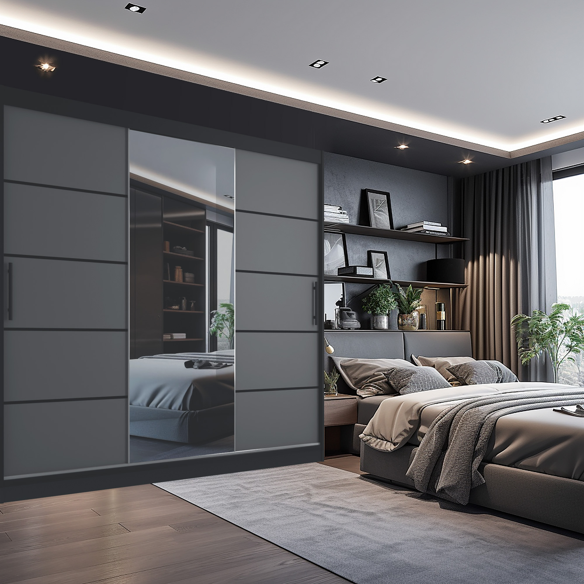Chambre grise avec armoire miroir et lit tapissé