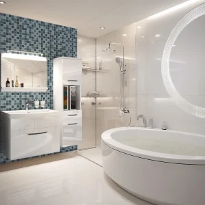 Salle de bain blanche avec baignoire ronde et meubles laqués