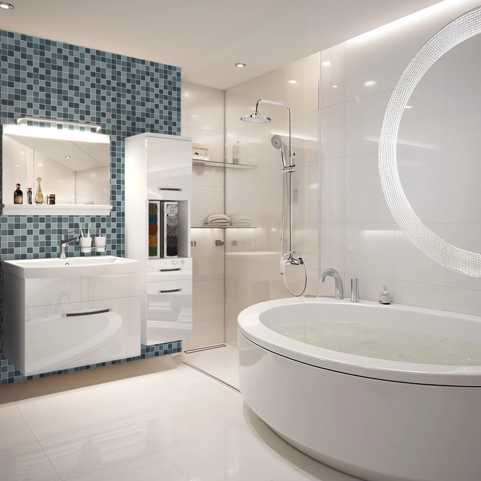 Salle de bain blanche avec baignoire ronde et meubles laqués