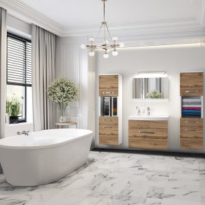 Salle de bains claire, meubles bois-blanc et baignoire îlot