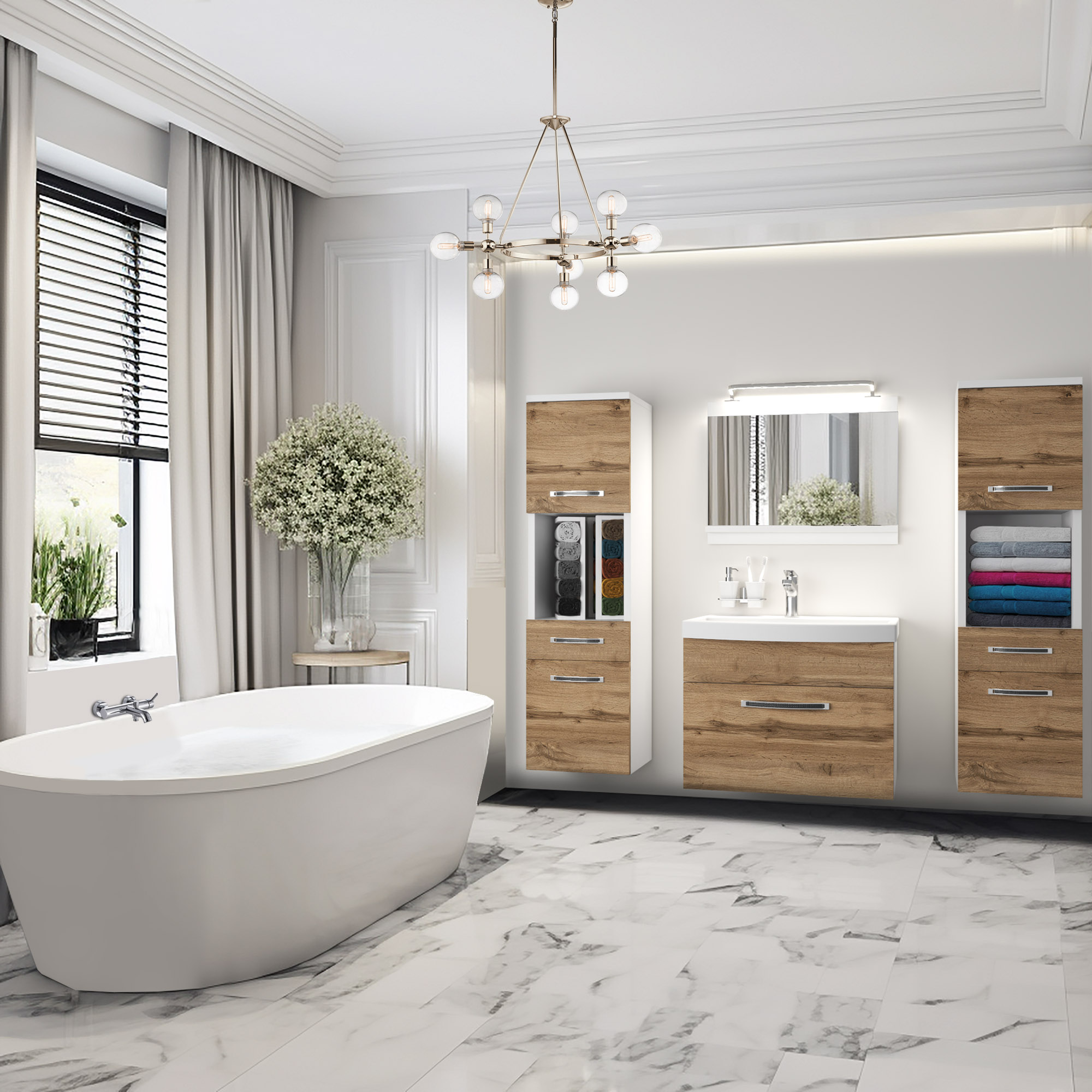 Salle de bains claire, meubles bois-blanc et baignoire îlot