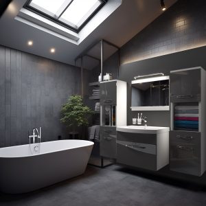 Salle de bain anthracite avec baignoire îlot et meubles gris