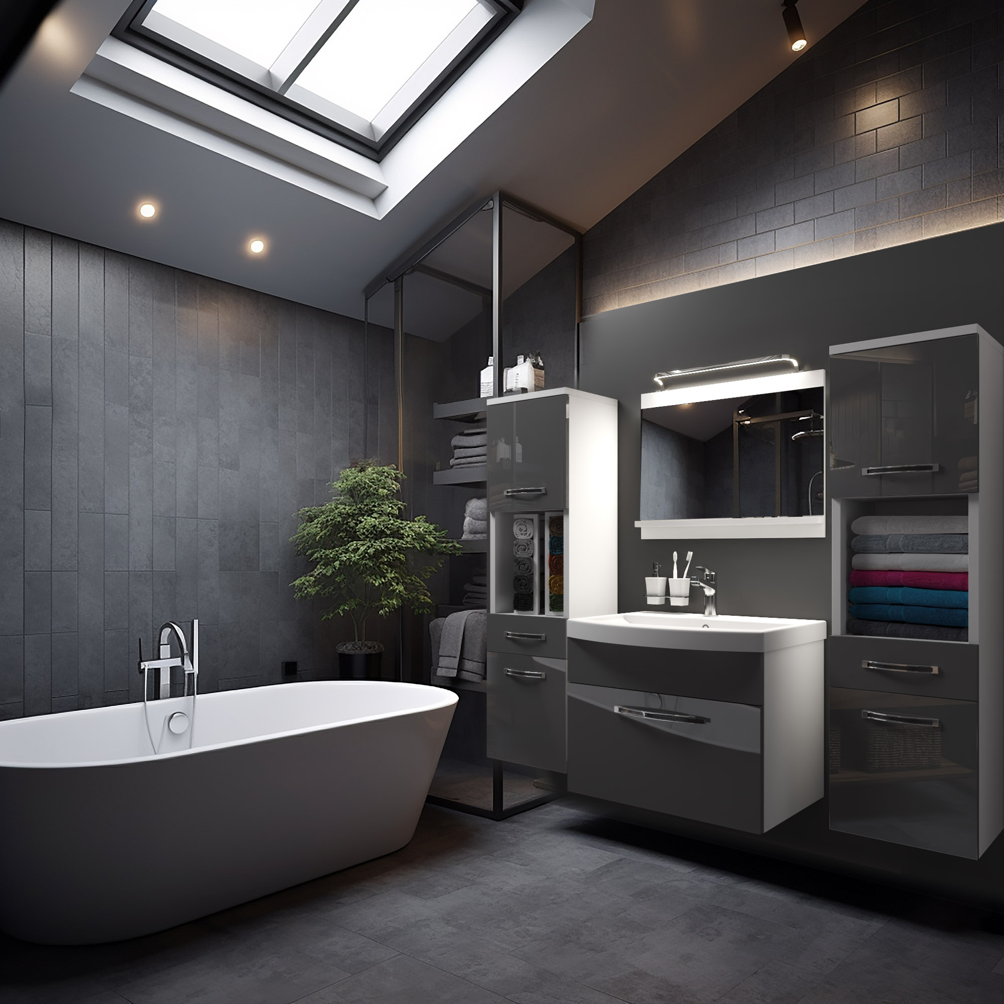 Salle de bain anthracite avec baignoire îlot et meubles gris