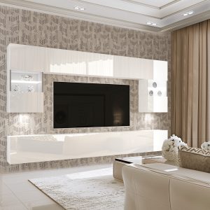 Mur TV blanc laqué avec vitrines éclairées, salon beige