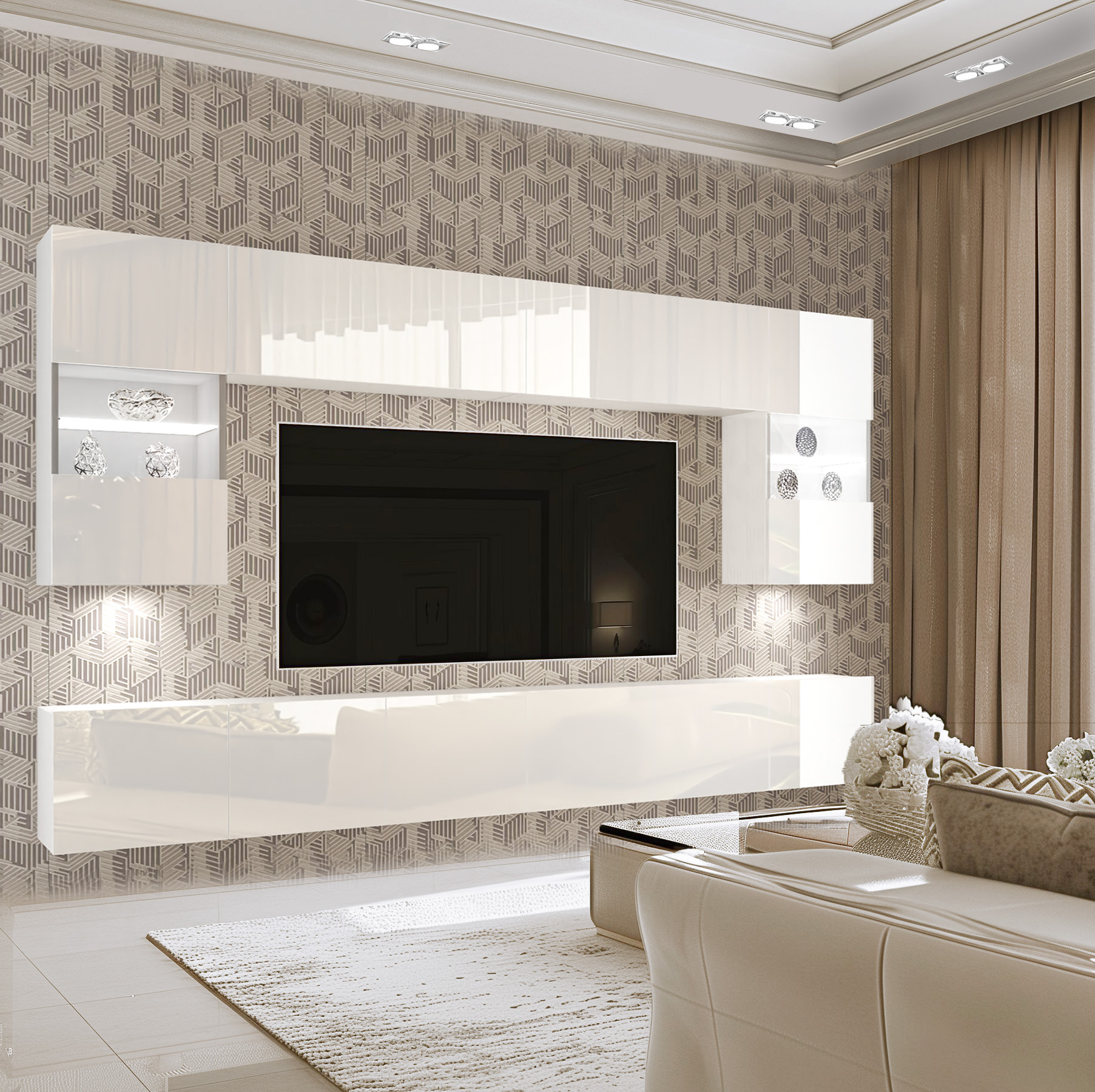 Mur TV blanc laqué avec vitrines éclairées, salon beige
